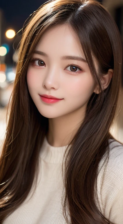 Tabletop, highest quality, shape, Very detailed, finely, High resolution, 8k wallpaper, 完璧なダイナミックな構shape, Beautiful and detailed, Latest fashion trends in Tokyo winter wear,Medium Hair, Small breasts, Natural color lip,smile,20-year-old girl、Midnight、Beautiful and elaborate face、Perfect and beautiful face、Slim face and figure,Spread your arms wide,Big eyes,Take a photo with your face raised from below your knees、Small face、Beautifully detailed face、Perfect and beautiful double eyelids