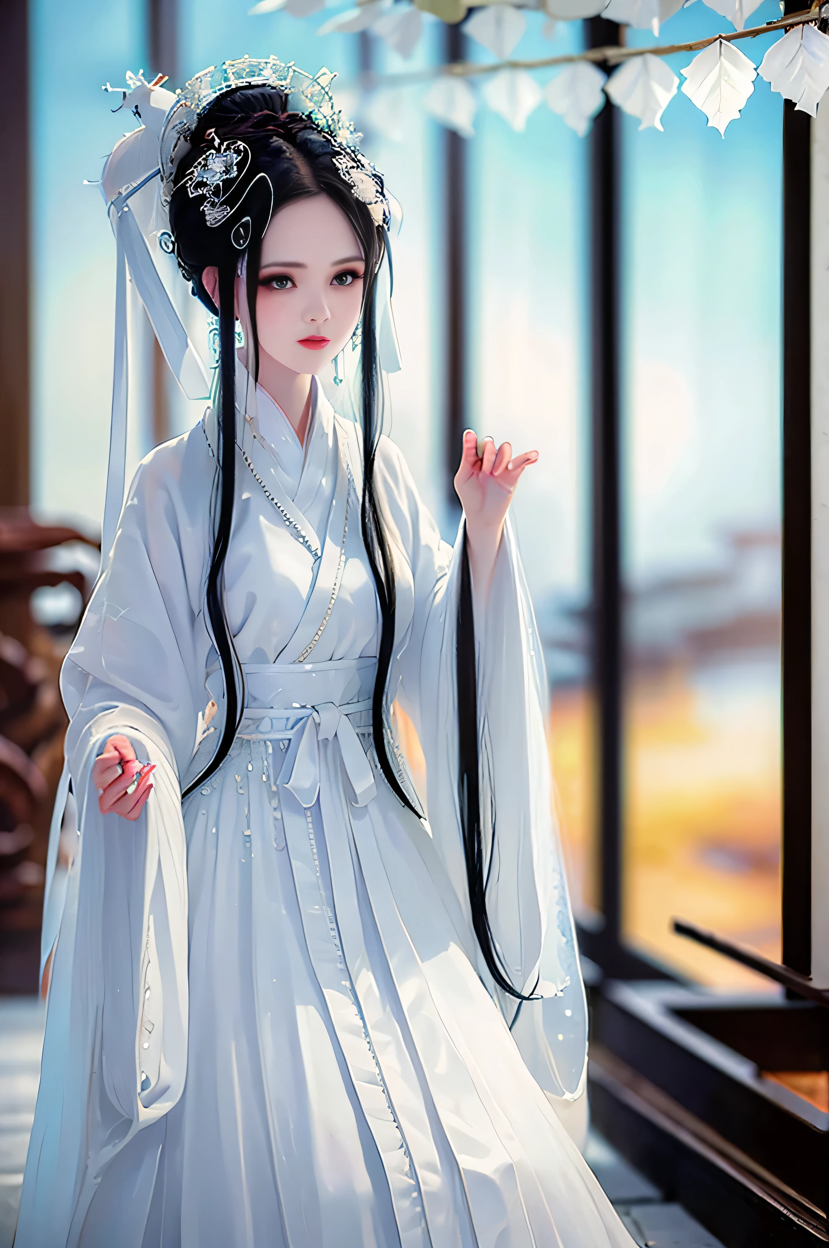(skindentation:1.5), Realistic, Photorealistic, (masterpiece:1.5), concept art, intricate details, highly detailed, photorealistic, octane render, 8k, unreal engine, dynamic pose, best quality, highres, (realistic face:1.1), (hyperrealistic:1.1), (((full body))), perfect eyes,(shiny skin:1.2), perfect hand, extremely detailed background, ((devilish eyes)), ((1girl)), ((detailed eyes, high quality eyes, high quality face)), long black hair, messy ponytail, dramatic, depth of field, bokeh, 4k, beautiful bride, ((White chiffon Hanfu)), chinese garden background, ((((sorrow)))), looking into the distance