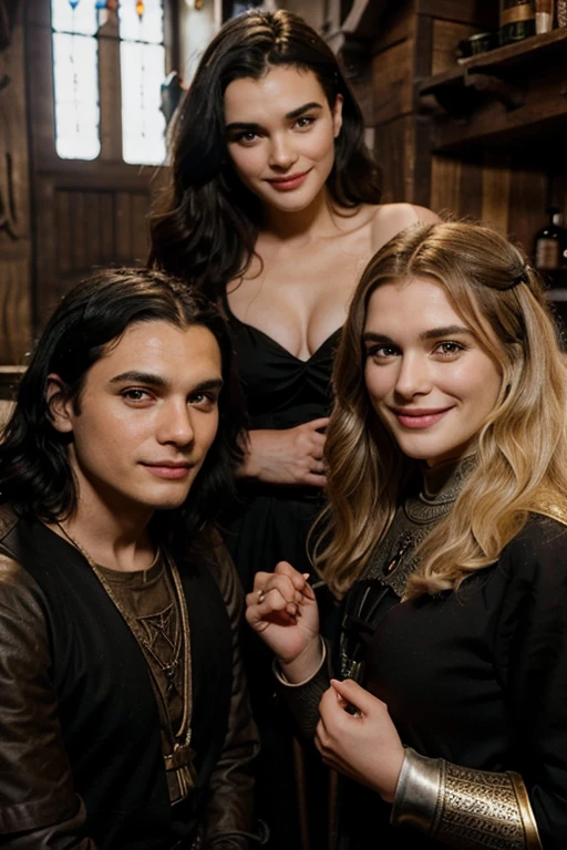 A young Rachel Weisz and her twins: a boy (black hair), a girl (blonde hair) ((medieval)) (smiling)