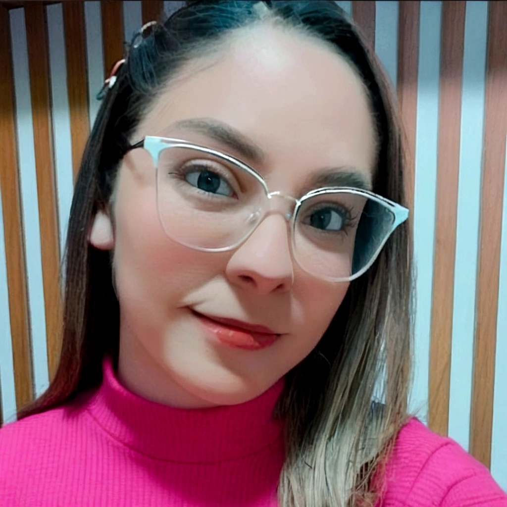 Pixar style image with 3D character glasses brunette woman straight black hair short makeup Disney,Pescador, bonitinho, sorridente ,fechar-se, Pixar, Disney, Cinema lighting,