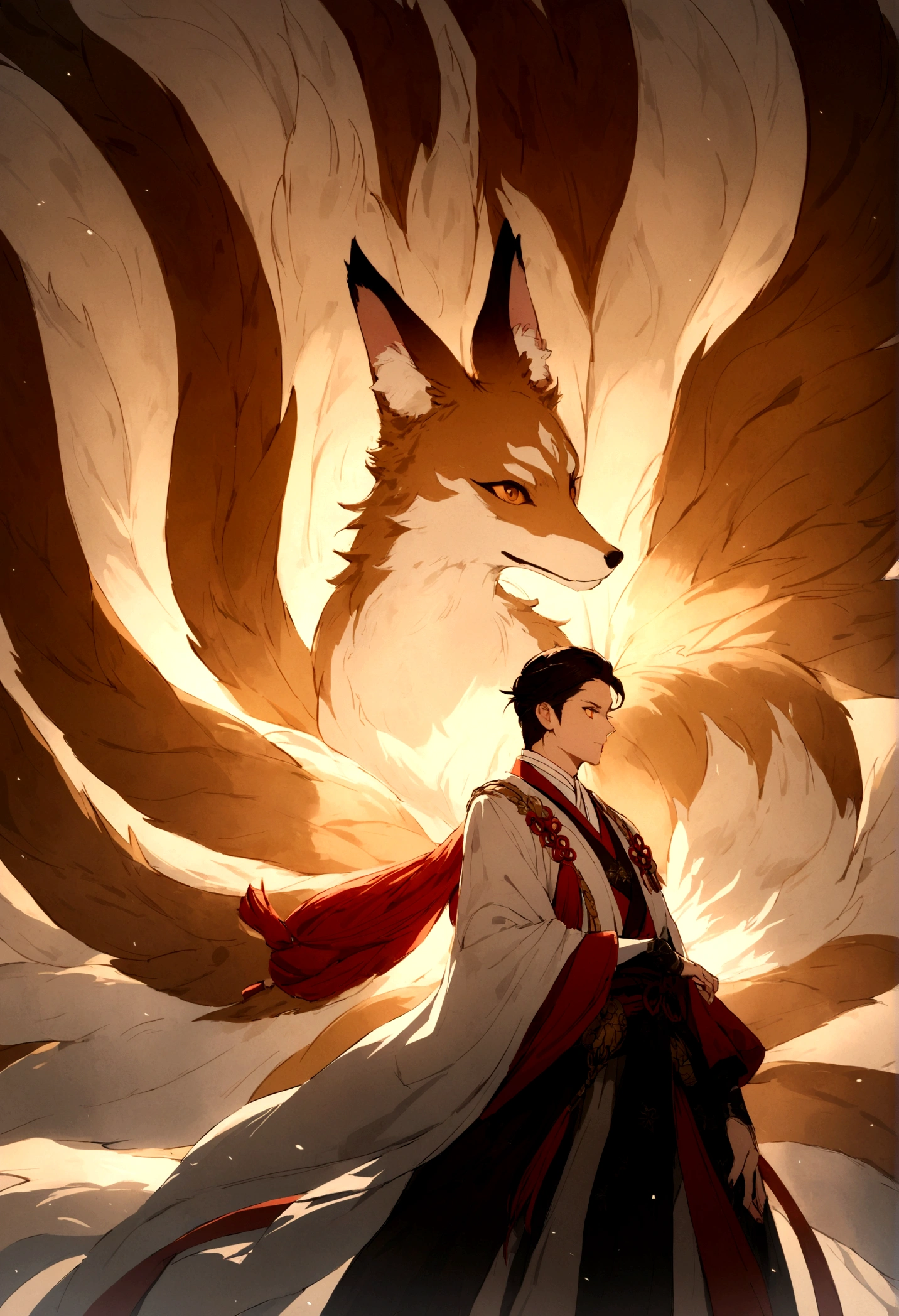 One cool nine-tailed fox. Delete the people and make the nine-tailed fox the main character.