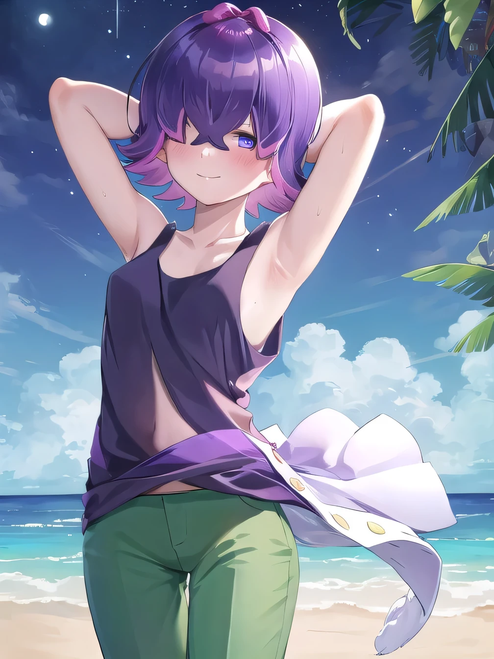 (extremely detailed CG), (best quality), perfect face, shiny skin, lustrous skin, 1girl,solo, DotPoke, hair over one eye, sleevless, tank top, purple eyes,shirt,short hair, multicolored hair, pink hair, purple hair, hair over eyes, pants, green pants,  looking at viewer, closed mouth, solo, night sky, beach, arms behind head, contrapposto, spread armpits, looking at viewer, best quality, portrait, sad, shy, smile, (cowboy shot:1.5)