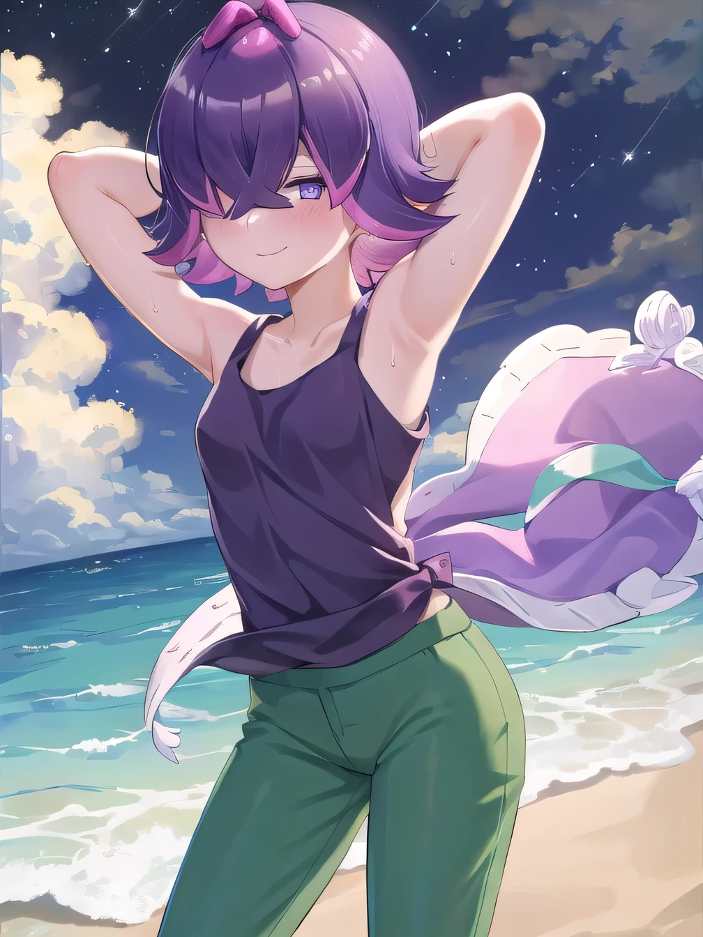 (extremely detailed CG), (best quality), perfect face, shiny skin, lustrous skin, 1girl,solo, DotPoke, hair over one eye, sleevless, tank top, purple eyes,shirt,short hair, multicolored hair, pink hair, purple hair, hair over eyes, pants, green pants,  looking at viewer, closed mouth, solo, night sky, beach, arms behind head, contrapposto, spread armpits, looking at viewer, best quality, portrait, sad, shy, smile, (cowboy shot:1.5)