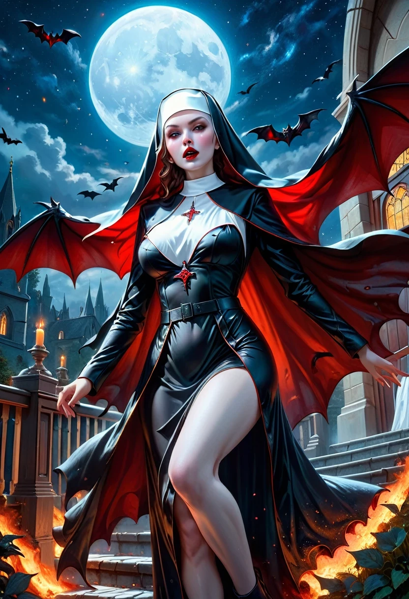 a picture of an exquisite beautiful female (nun: 1.3) vampire standing under the starry night sky on the porch of her monastary, action shot, dynamic angle (ultra detailed, Masterpiece, best quality), ultra detailed face (ultra detailed, Masterpiece, best quality), ultra feminine, (pale skin: 1.3), red hair, wavy hair, dynamic eyes color, cold eyes, glowing eyes, intense eyes, dark red lips, [fangs], wearing white nun habit (ultra detailed, Masterpiece, best quality), wearing blue cloak (ultra detailed, Masterpiece, best quality), long cloak, flowing cloak (ultra detailed, Masterpiece, best quality), wearing high heeled boots, sky full of stars background, moon, bats flying about, action shot, high details, best quality, 16k, [ultra detailed], masterpiece, best quality, (ultra detailed), full body, ultra wide shot, photorealism, dark fantasy art, dark fantasy art, gothic art, many stars, dark fantasy art, gothic art, sense of dread, bloodmagic