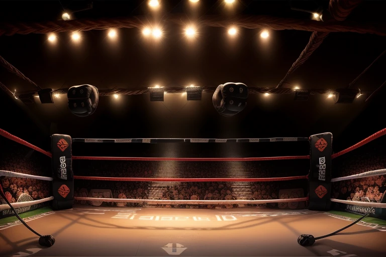 boxe ring with lights and ropes, boxe ring, fond d&#39;arène, Ring de boxe avec le sol blanc et les coins bleus, scene background, toile de fond Madison Square Garden, écran centrale au dessus du ring comme au madison square garden in a boxe ring, boxe, boxe match, scene, projecteur, barre d&#39;background, spot et projecteur au plafond fond dramatique, atmospheric perspective, glowing light, 8k, super detail, best quality, masterpiece