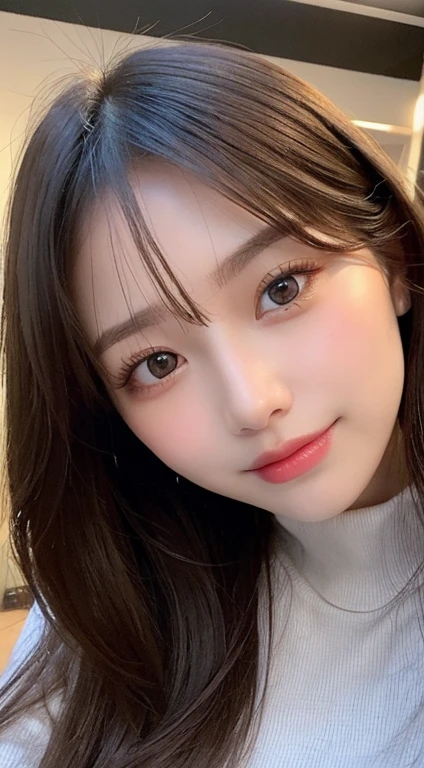Tabletop, highest quality, shape, Very detailed, finely, High resolution, 8k wallpaper, 完璧なダイナミックな構shape, Beautiful and detailed, Latest fashion trends in Tokyo winter wear,Medium Hair, Small breasts, Natural color lip,smile,20-year-old girl、Midnight、Beautiful and elaborate face、Perfect and beautiful face、Slim face and figure,Spread your arms wide,Big eyes,Take a photo with your face raised from below your knees、Small face、Beautifully detailed face、Perfect and beautiful double eyelids