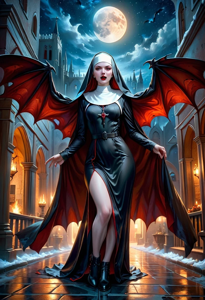 a picture of an exquisite beautiful female (nun: 1.3) vampire standing under the starry night sky on the porch of her monastary, action shot, dynamic angle (ultra detailed, Masterpiece, best quality), ultra detailed face (ultra detailed, Masterpiece, best quality), ultra feminine, (pale skin: 1.3), red hair, wavy hair, dynamic eyes color, cold eyes, glowing eyes, intense eyes, dark red lips, [fangs], wearing white nun habit (ultra detailed, Masterpiece, best quality), wearing blue cloak (ultra detailed, Masterpiece, best quality), long cloak, flowing cloak (ultra detailed, Masterpiece, best quality), wearing high heeled boots, sky full of stars background, moon, bats flying about, action shot, high details, best quality, 16k, [ultra detailed], masterpiece, best quality, (ultra detailed), full body, ultra wide shot, photorealism, dark fantasy art, dark fantasy art, gothic art, many stars, dark fantasy art, gothic art, sense of dread, bloodmagic