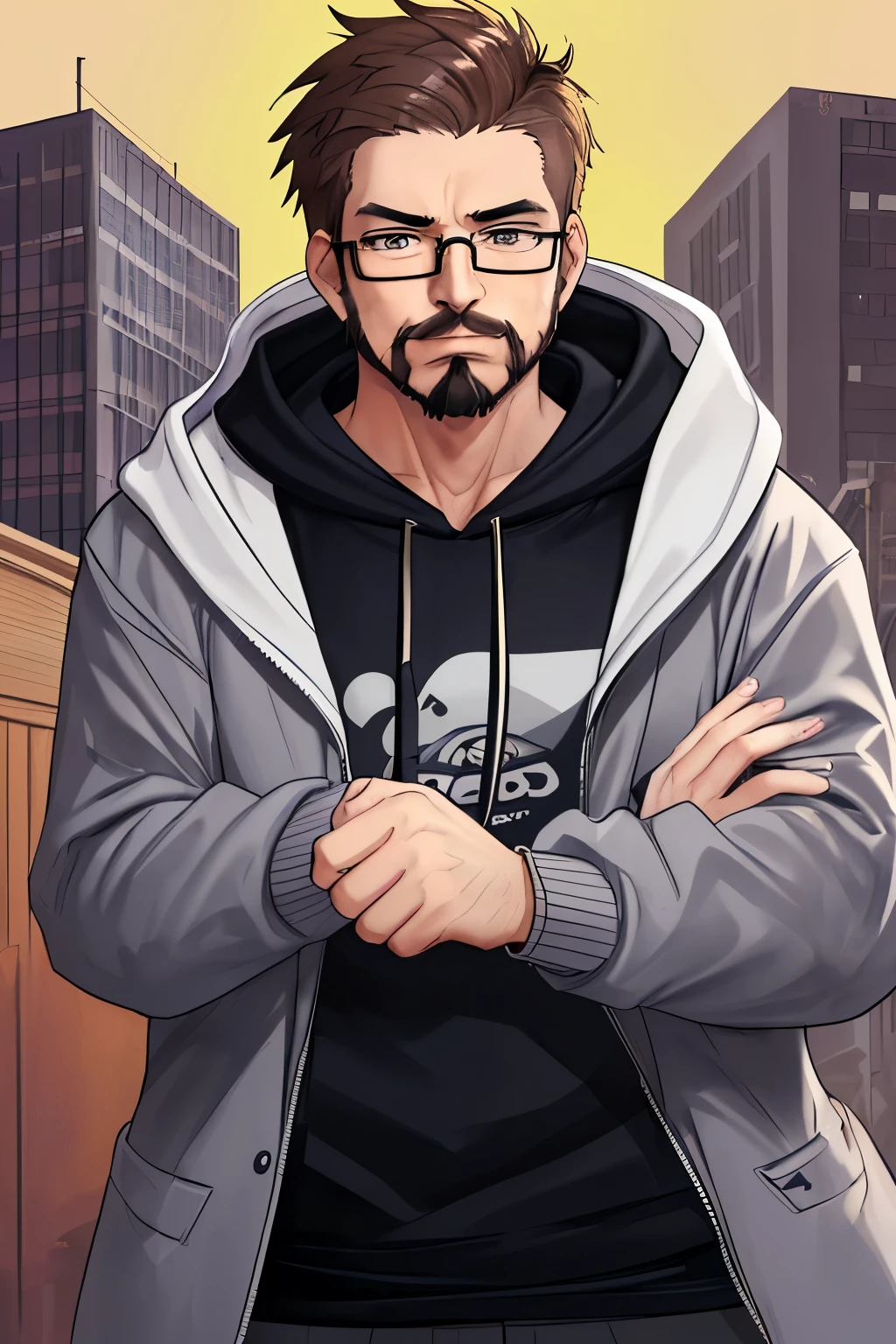 there is a man with glasses and a hoodie posing for a picture, with nerdy glasses and goatee, with a small beard, with no beard, with glasses and goatee, heavy eyes to the side, without beard and mustache, without mustache, 2 7 years old, 2 8 years old,