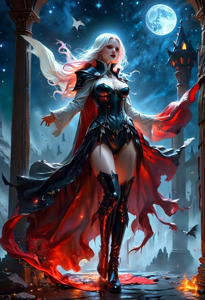 a picture of an exquisite beautiful female (nun: 1.3) vampire standing under the starry night sky on the porch of her monastary, action shot, dynamic angle (ultra detailed, Masterpiece, best quality), ultra detailed face (ultra detailed, Masterpiece, best quality), ultra feminine, (pale skin: 1.3), red hair, wavy hair, dynamic eyes color, cold eyes, glowing eyes, intense eyes, dark red lips, [fangs], wearing white nun habit (ultra detailed, Masterpiece, best quality), wearing blue cloak (ultra detailed, Masterpiece, best quality), long cloak, flowing cloak (ultra detailed, Masterpiece, best quality), wearing high heeled boots, sky full of stars background, moon, bats flying about, action shot, high details, best quality, 16k, [ultra detailed], masterpiece, best quality, (ultra detailed), full body, ultra wide shot, photorealism, dark fantasy art, dark fantasy art, gothic art, many stars, dark fantasy art, gothic art, sense of dread, bloodmagic