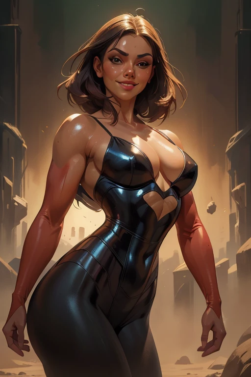 Super heroine realistic oil painting, corpo quente, dynamic sensual pose, sem roupa, sorriso suave, texturas de pele detalhadas, intrincado, rosto detalhado, hiperrealismo, Luz e sombras realistas , cinematic lighting. fundo escuro do castelo.