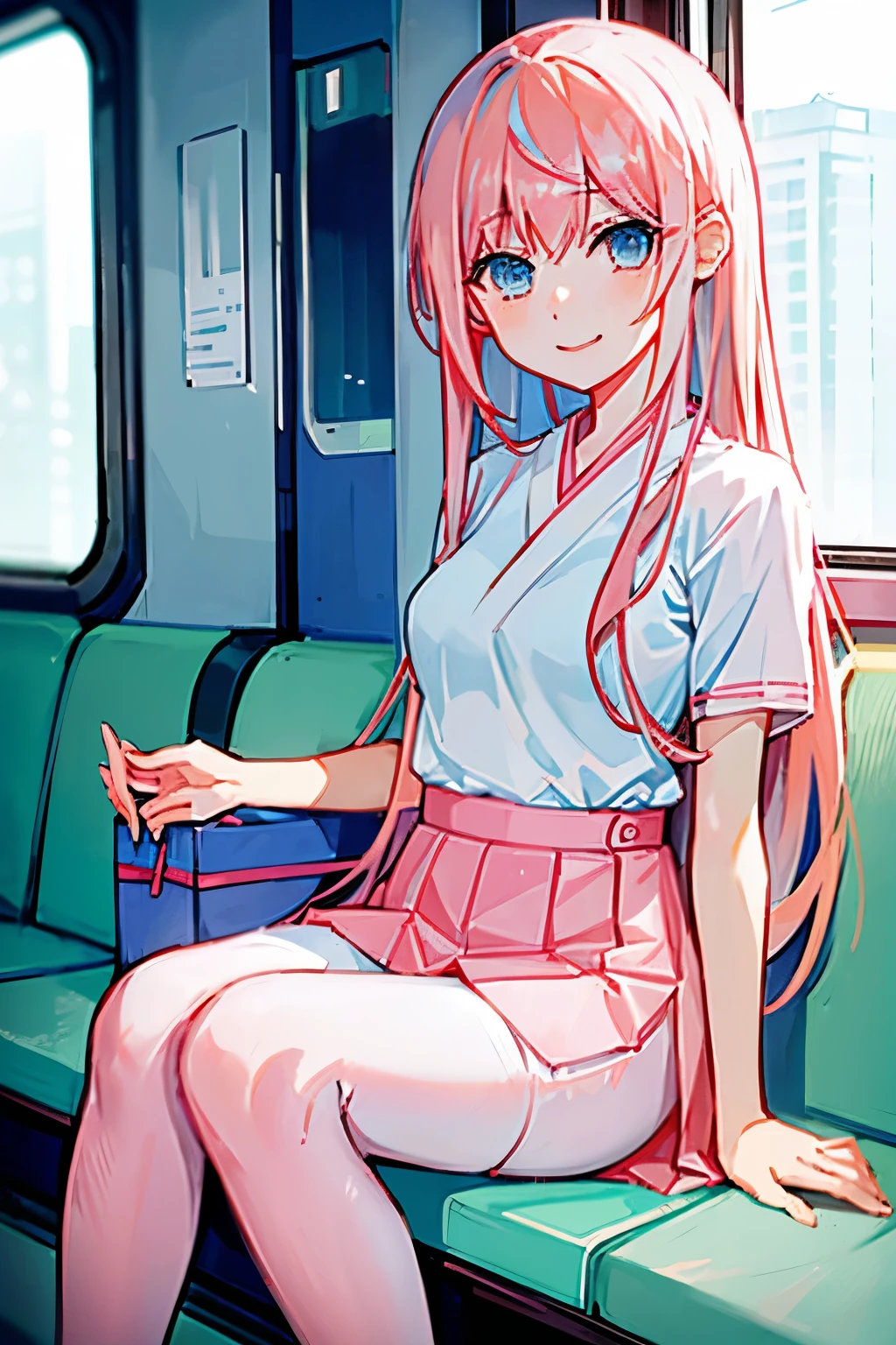 a japanese girl with smooth white skin, a slim body, small breasts, ocean blue eyes, and long coral pink hair wearing a white short sleeved shirt, a pink skirt, and pink thigh high leggings, sitting in a subway train, smile on her face