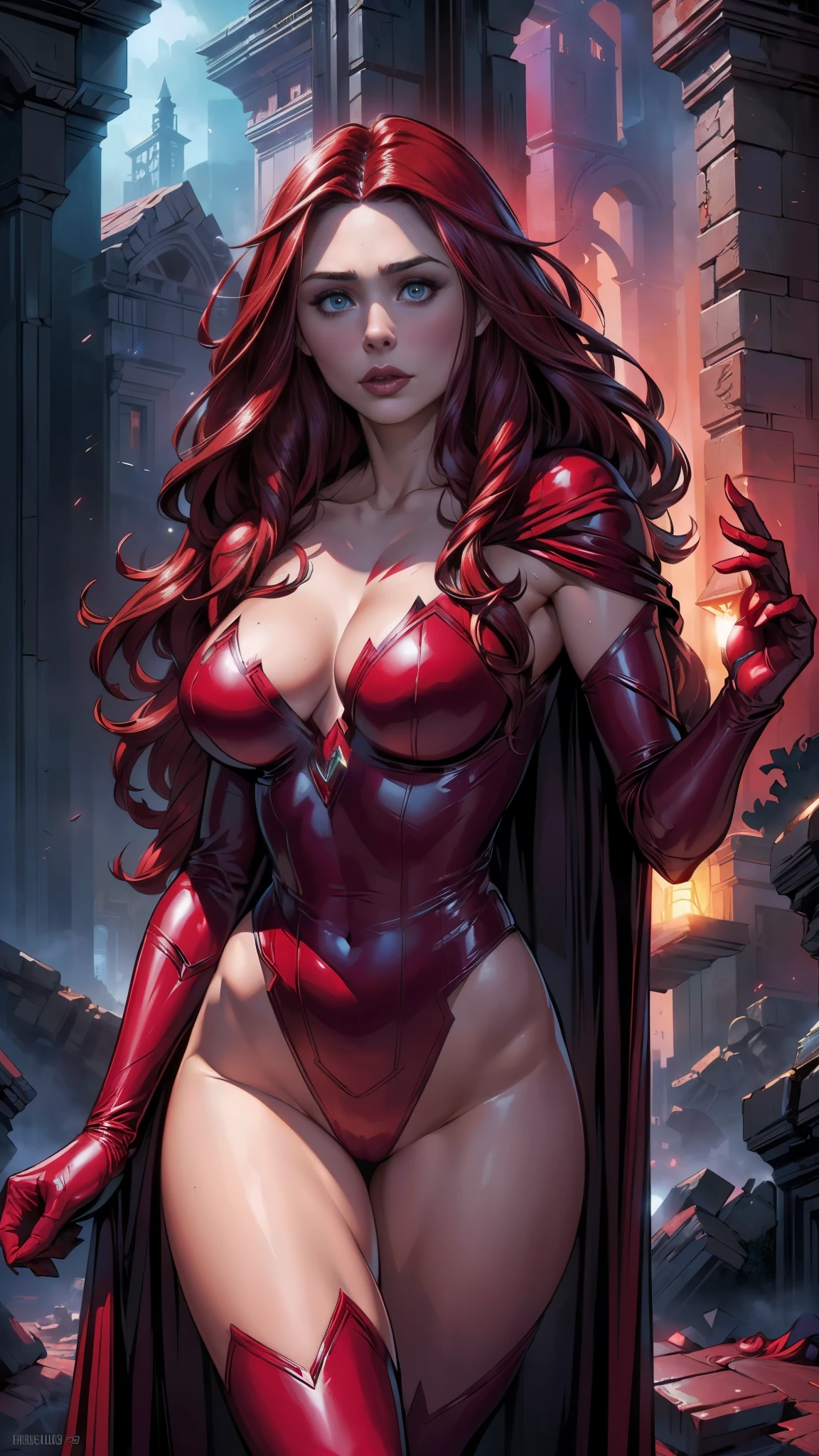 best quality,ultra-detailed,realistic,(sexy scarlet witch) ,beautiful detailed eyes, beautiful detailed lips,( long red hair:1.4) , (witch costume:1.4) , glowing magical powers, intense gaze, confident posture, dark and mysterious background, vibrant colors, enchanting art style, dramatic lighting, ,(Fondo de ruinas de mazmorra en ruinas cyberpunk :1.4 ),( Scarlet Witch:1.4), (perfect anatomy :1.4),( cinematic lighting :1.4), score_9, score_8_up, score_7_up, score_6_up, rating_explicit, 1girl, ((18YO:1.2)), Adult, full lips, big clear eyes, light blue eyes, (( hair:1)), (long wavy hair: 1.2),(Elizabeth Olsen:1.4), (Elizabeth Olsen V2.1), (face detailed :1.4), ,(Fondo de ruinas de mazmorra en ruinas piedras grandes :1.4 ), (estilo encaje lingerie red:1.4) 