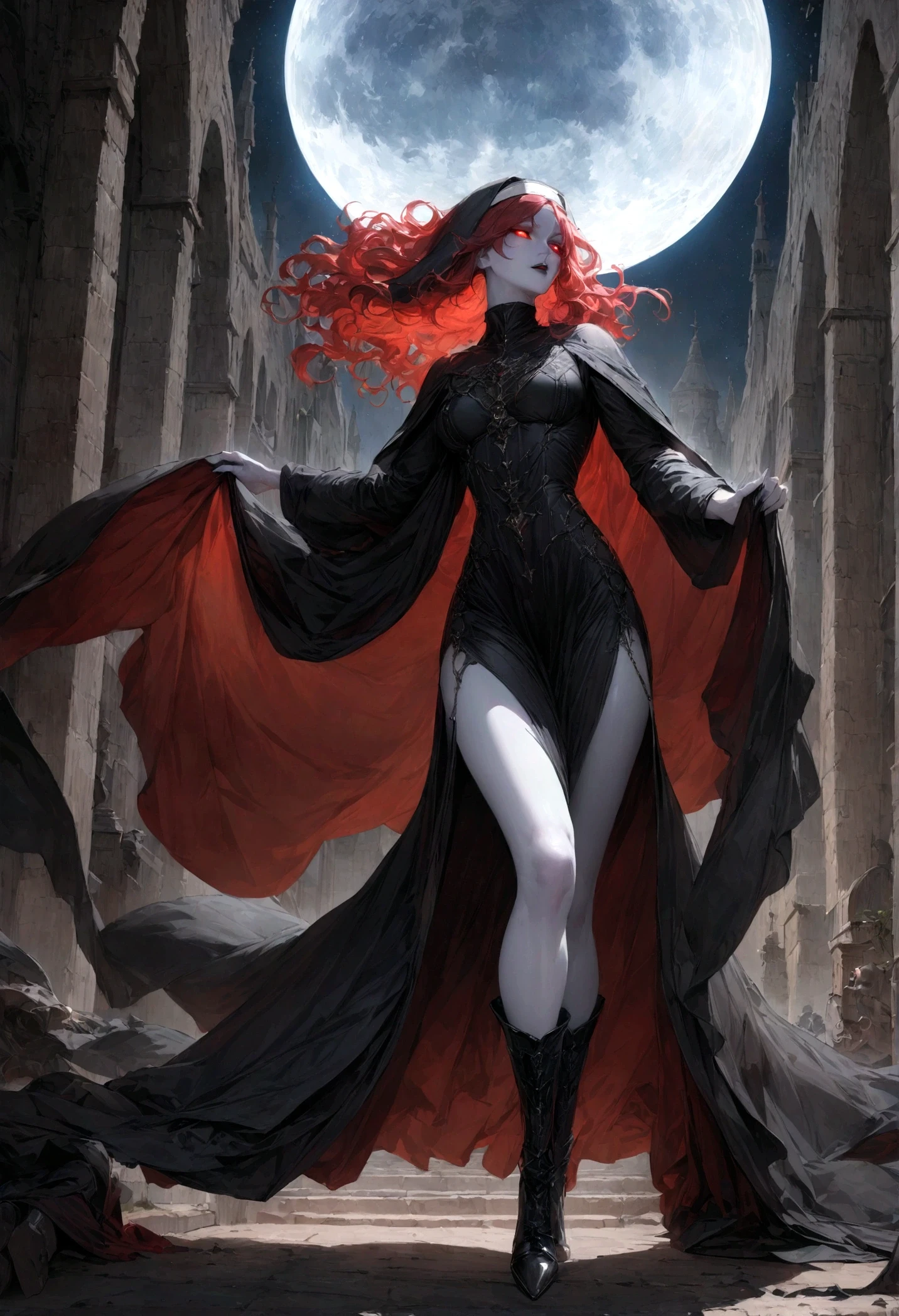 a picture of an exquisite beautiful female (nun: 1.3) vampire standing under the starry night sky on the porch of her monastary, action shot, dynamic angle (ultra detailed, Masterpiece, best quality), ultra detailed face (ultra detailed, Masterpiece, best quality), ultra feminine, (pale skin: 1.3), red hair, wavy hair, dynamic eyes color, cold eyes, glowing eyes, intense eyes, dark red lips, [fangs], wearing white nun habit (ultra detailed, Masterpiece, best quality), wearing blue cloak (ultra detailed, Masterpiece, best quality), long cloak, flowing cloak (ultra detailed, Masterpiece, best quality), wearing high heeled boots, sky full of stars background, moon, bats flying about, action shot, high details, best quality, 16k, [ultra detailed], masterpiece, best quality, (ultra detailed), full body, ultra wide shot, photorealism, dark fantasy art, dark fantasy art, gothic art, many stars, dark fantasy art, gothic art, sense of dread, bloodmagic