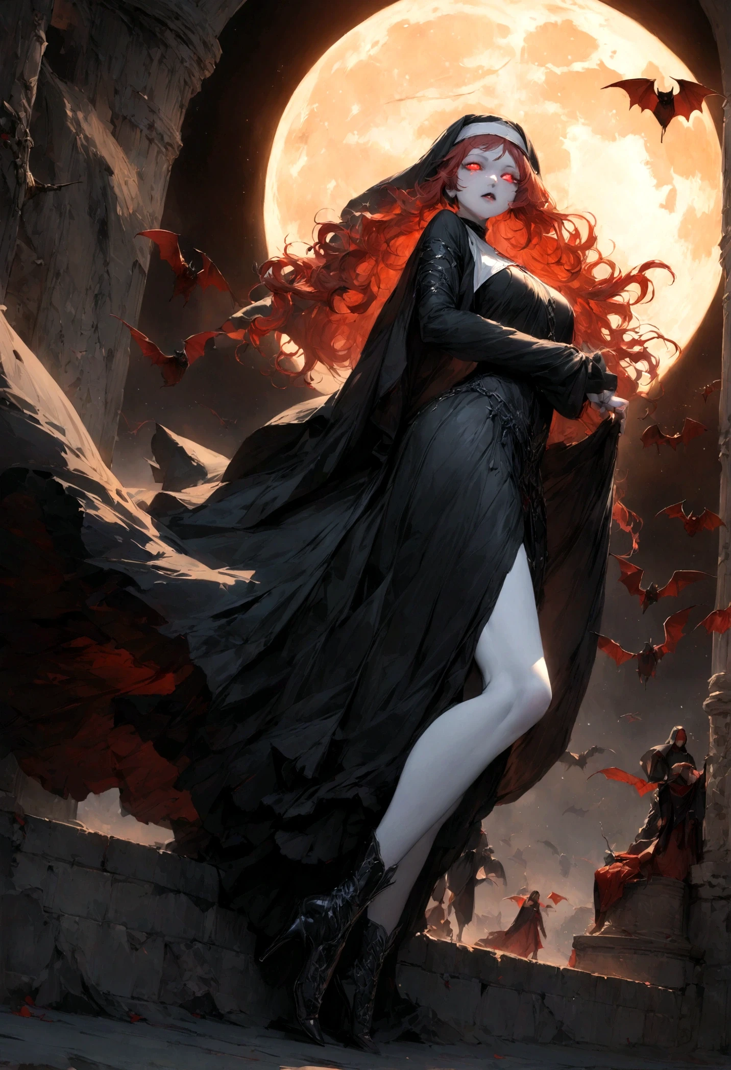 a picture of an exquisite beautiful female (nun: 1.3) vampire standing under the starry night sky on the porch of her monastary, action shot, dynamic angle (ultra detailed, Masterpiece, best quality), ultra detailed face (ultra detailed, Masterpiece, best quality), ultra feminine, (pale skin: 1.3), red hair, wavy hair, dynamic eyes color, cold eyes, glowing eyes, intense eyes, dark red lips, [fangs], wearing white nun habit (ultra detailed, Masterpiece, best quality), wearing blue cloak (ultra detailed, Masterpiece, best quality), long cloak, flowing cloak (ultra detailed, Masterpiece, best quality), wearing high heeled boots, sky full of stars background, moon, bats flying about, action shot, high details, best quality, 16k, [ultra detailed], masterpiece, best quality, (ultra detailed), full body, ultra wide shot, photorealism, dark fantasy art, dark fantasy art, gothic art, many stars, dark fantasy art, gothic art, sense of dread, bloodmagic