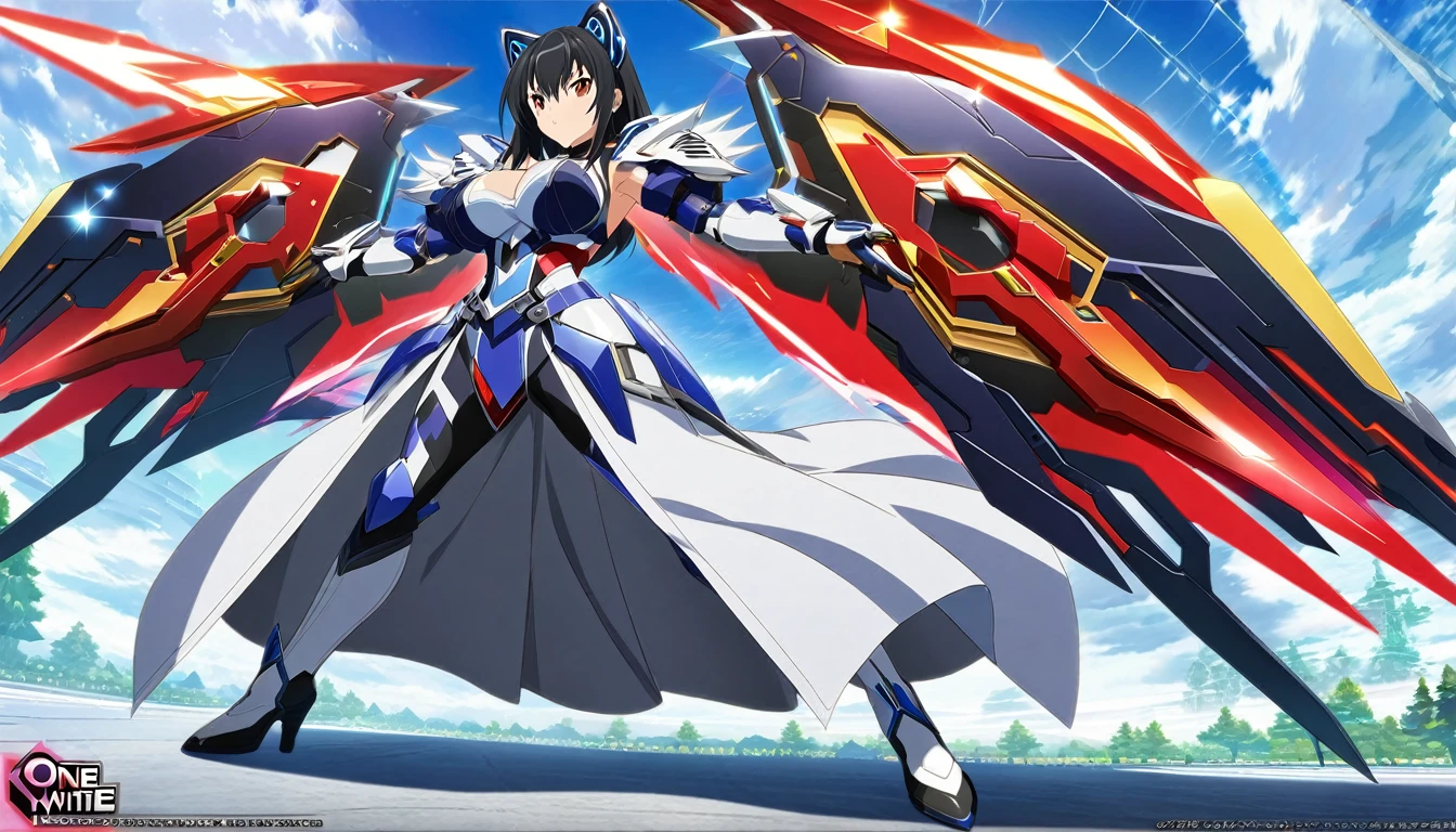 ((anime infinite stratos art, masterpiece, 4k, extreme quality)).
the theme is Disney's Snow White.
the setting is a magical forest, very detailed, full of different animals, it's afternoon.
Snow White, , wearing a IS armor(amazing short-ranged IS extremely fast that breaks the sound barrier, Disney's Snow White based, blue and red colors) and wielding wakizashi(cybernetic and futuristic, one in each hand), very short black hair, very large and huge breasts G Size, fierce bahavior, pose of battle, fullbody.
the atmosphere is cool.
full view of the scene.
