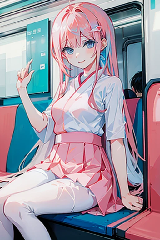 a japanese girl with smooth white skin, a slim body, small breasts, ocean blue eyes, and long coral pink hair wearing a white short sleeved shirt, a pink skirt, and pink thigh high leggings, sitting in a subway train, smile on her face