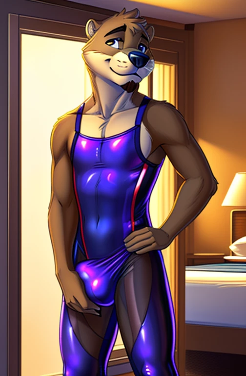 solo, male, brown fur, otter, chase hunter, brown goatee, topless, wearing a ( (light-blue shiny glossy leotard, one-piece low cut leotard), and a ( (purple glossy shiny tight ballet pants, pantyhose) ), inside a motel bedroom (bright-lit room), standing near a window, tent bulge (erection bulge), tired look, lustful smile expression, full-body view, sexy pin-up posing, camera view, by zackarry911, by zaush, detailed eye, detailed face