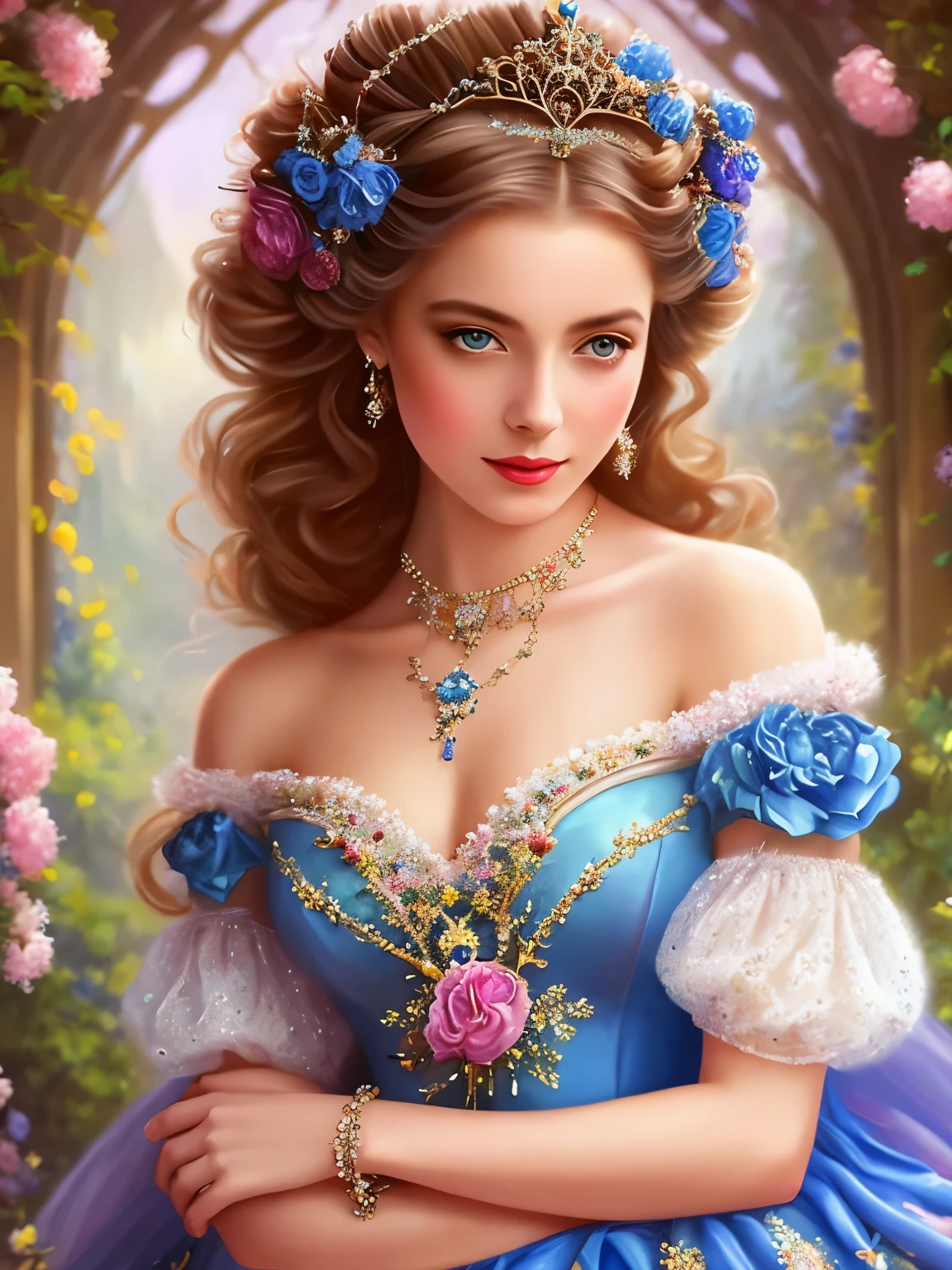 painting of a woman in a blue dress with flowers in her hair, Beautiful girl, princess portrait, gorgeous woman, beautiful fantasy girl, Fantasy Victorian art, princess portrait, princess portrait painting, charming mesmer woman, ((fair empress fantasy)), beautiful princess woman, princess portrait, beautiful portrait in fantasy style, elegant digital painting