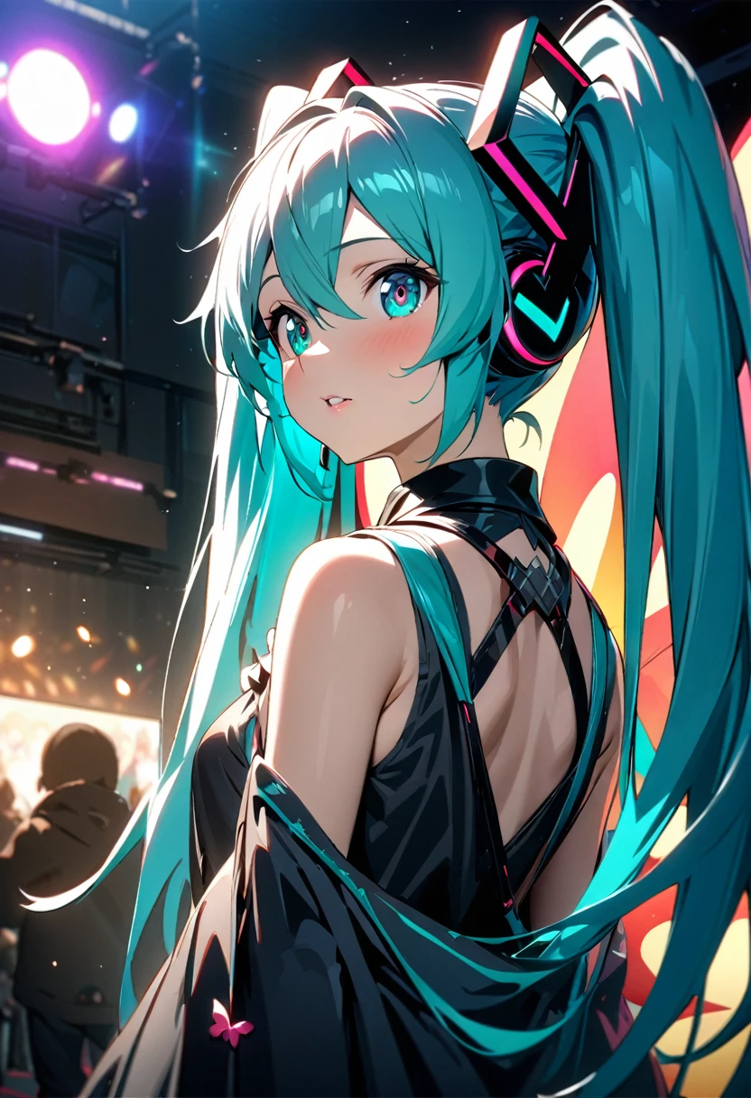 1girl, cute hatsune miku, beautiful detailed eyes, beautiful detailed lips, extremely detailed face and features 、She is wearing a cute costume with butterfly wings on her back and is dancing down from the ceiling of the live hall.Miku's image appears on the large back monitor.Dark live hall, audience's psyllium 、The live hall is a fantastic space.,(best quality,4k,8k,highres,masterpiece:1.2),ultra-detailed,,HDR,UHD,studio lighting,ultra-fine painting,sharp focus,physically-based rendering,extreme detail description,professional,vivid colors,bokeh,anime,sakura,colorful
