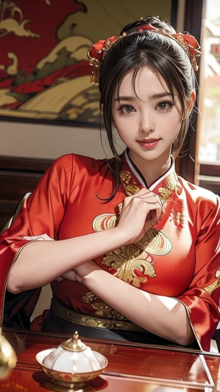 Arabian Asian woman in red dress sitting at table, wearing a red China dress, China dress, Gorgeous Chinese Model, 古代Chinese Costumeを着て, China dress, Chinese style, Chinese Costume, Traditional Chinese, Traditional Chinese clothing, Wearing Ancient Chinese Clothing, Graceful smile pose, Chinese Girl, Trending on cgstation, Chinese women, Shashi