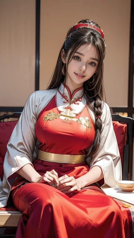 Arabian Asian woman in red dress sitting at table, wearing a red China dress, China dress, Gorgeous Chinese Model, 古代Chinese Costumeを着て, China dress, Chinese style, Chinese Costume, Traditional Chinese, Traditional Chinese clothing, Wearing Ancient Chinese Clothing, Graceful smile pose, Chinese Girl, Trending on cgstation, Chinese women, Shashi