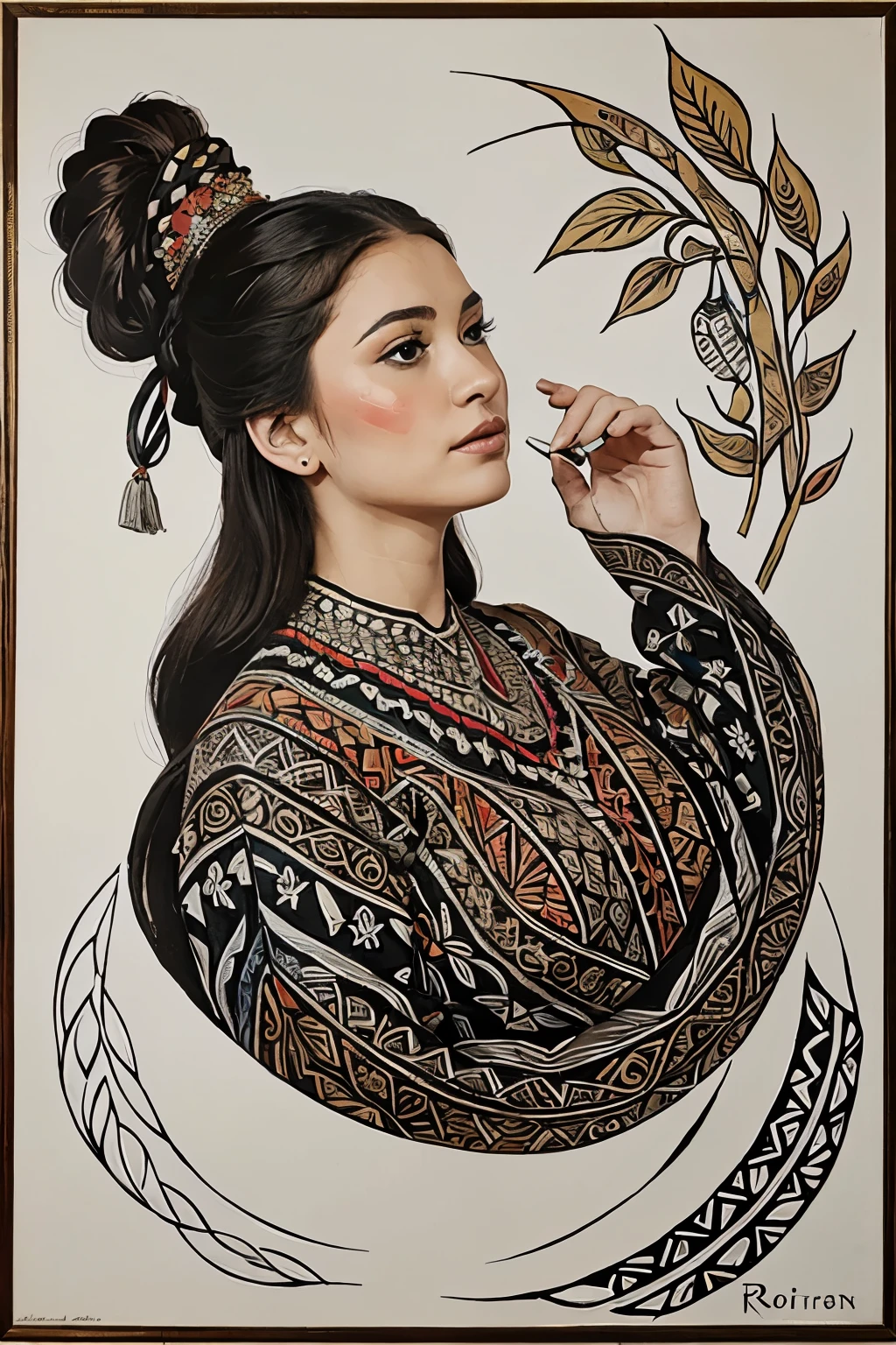 Folklore,folk,Ethnic acrylic painting,With traditional decorations,Line refinement