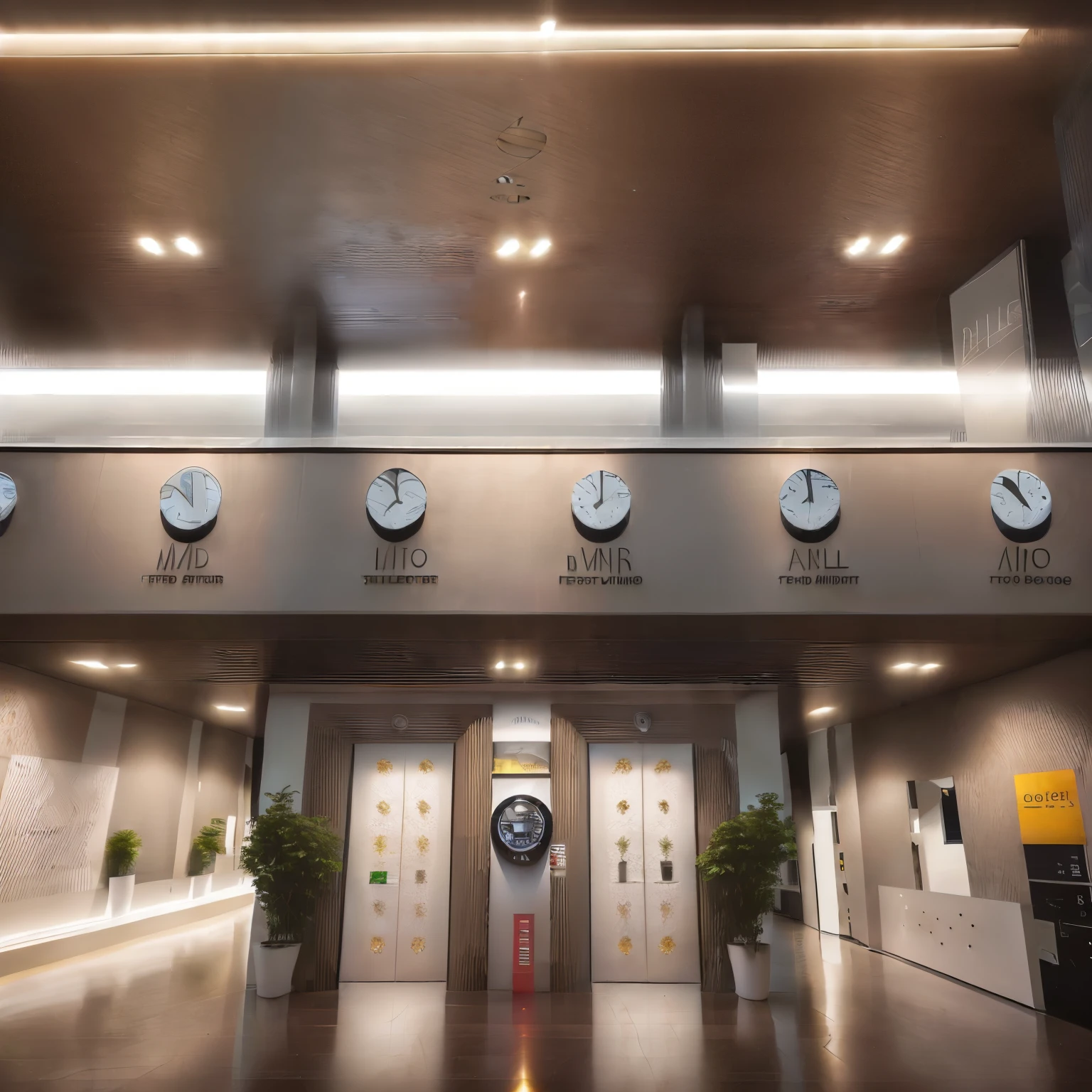 the picture was taken in daylight, modern style, lobby lounge with modern reception, materials with high reflections, aluminium ceiling, Led light along edge, terrace with glass balcony