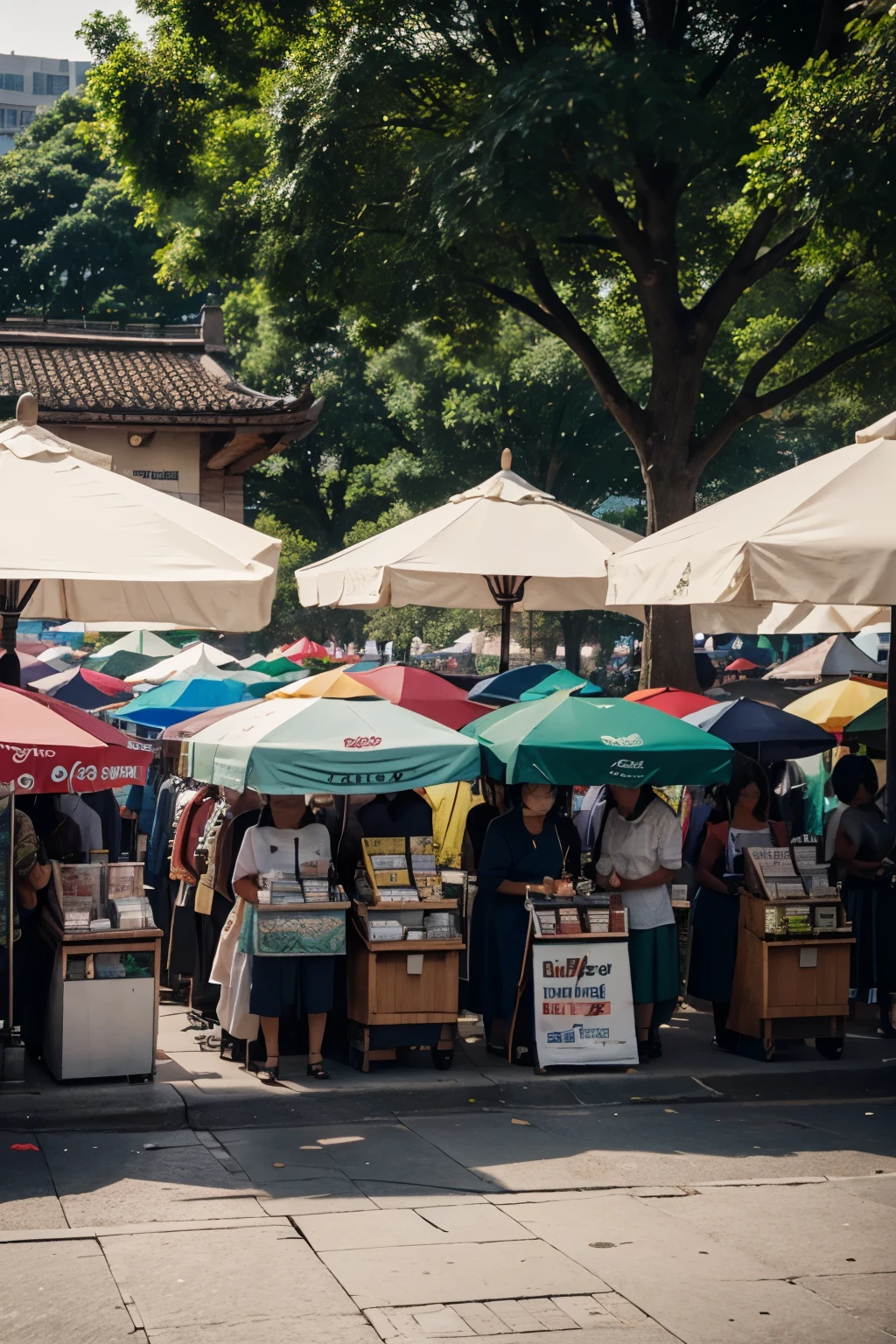 The picture above looks down at the market with square umbrellas. They were lined up in a park with merchandise for sale. Shot with a 50 lens.18
