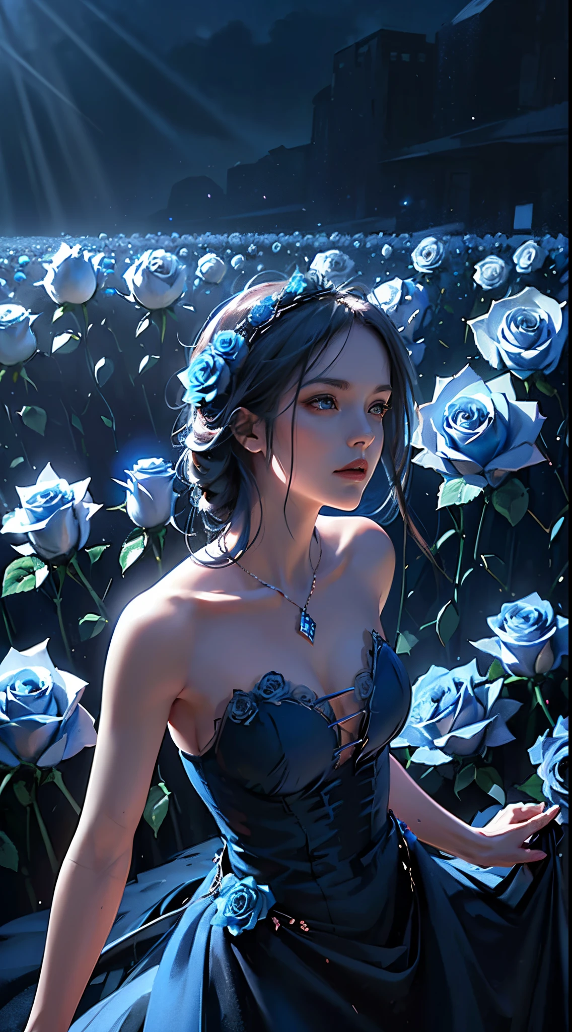 (((roses))) one blue rose in the middle of thousands of red roses(((singel blue rose)))HD lighting and dark )<=(epic image quality)dark atmosphere with bright particle light(many effects in background)