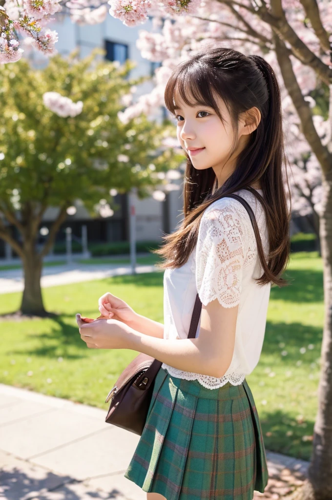 masutepiece, Best Quality, Illustration, Ultra-detailed, finely detail, hight resolution, 8K Wallpaper, Perfect dynamic composition, Beautiful detailed eyes, Natural Lip,a beauty girl、In the bright and refreshing spring sunshine、Imagine a female college student walking around campus.。.。smooth tight.。back view、She is wearing mini pink skirt and a white lace blouse.。she 17 years old. the hair flutters with the wind、々He is depicted having a conversation with.。The cherry blossoms on campus are in full bloom、Green tree on background々々々There is a bench where students can gather...。She is carrying a colorful backpack.、he has a notebook and a pencil in his hands.。Her figure is、Expressing the image of a typical female college student enjoying learning and free time.、