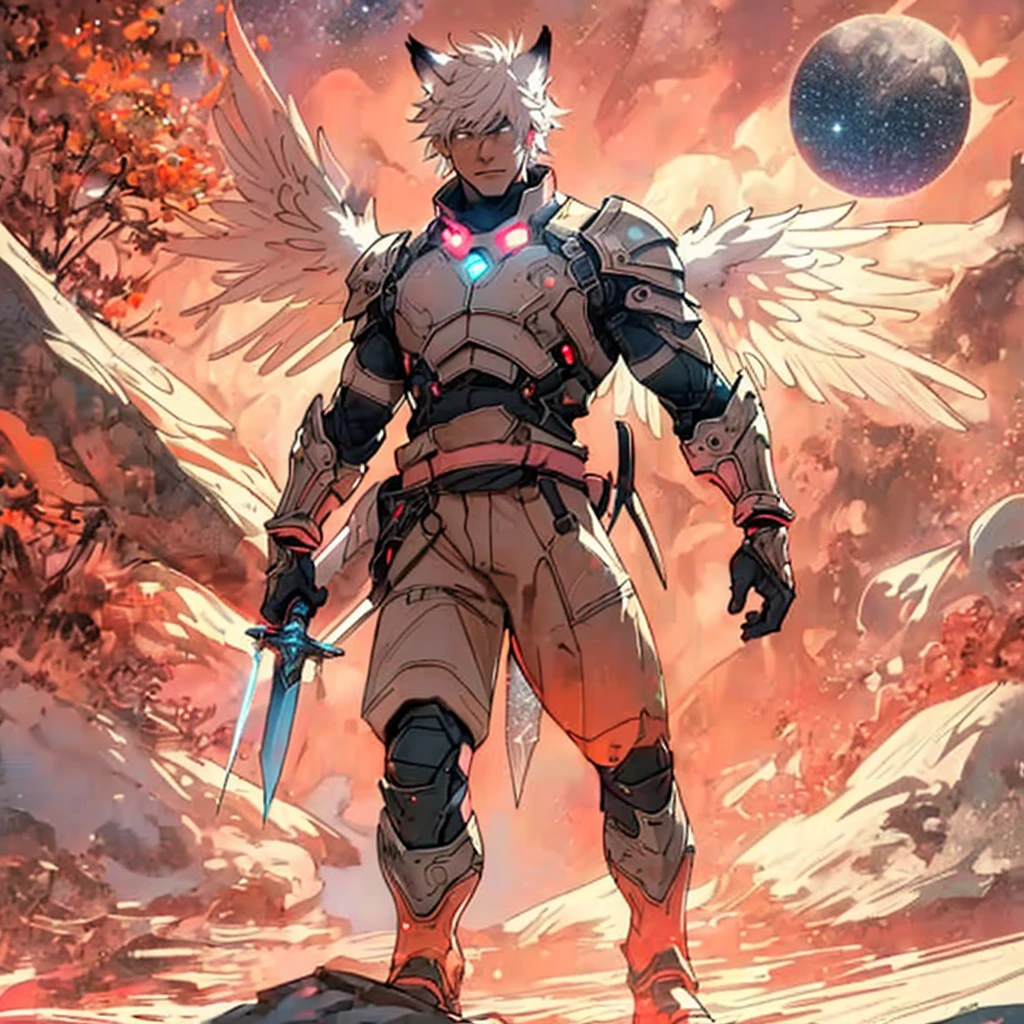 warrior with long wings, old men with wolf ears, (ultra-detailed), (perfect lighting), (dynamic angle), floating while landing, futuristic retro armor, long sword, fire pink neon glowing outline, starry sky, colorful clouds