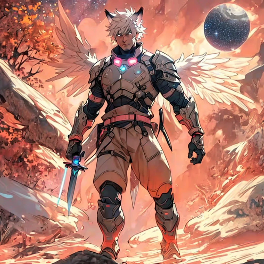 warrior with long wings, old men with wolf ears, (ultra-detailed), (perfect lighting), (dynamic angle), floating while landing, futuristic retro armor, long sword, fire pink neon glowing outline, starry sky, colorful clouds