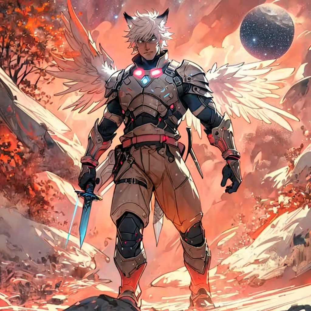 warrior with long wings, old men with wolf ears, (ultra-detailed), (perfect lighting), (dynamic angle), floating while landing, futuristic retro armor, long sword, fire pink neon glowing outline, starry sky, colorful clouds