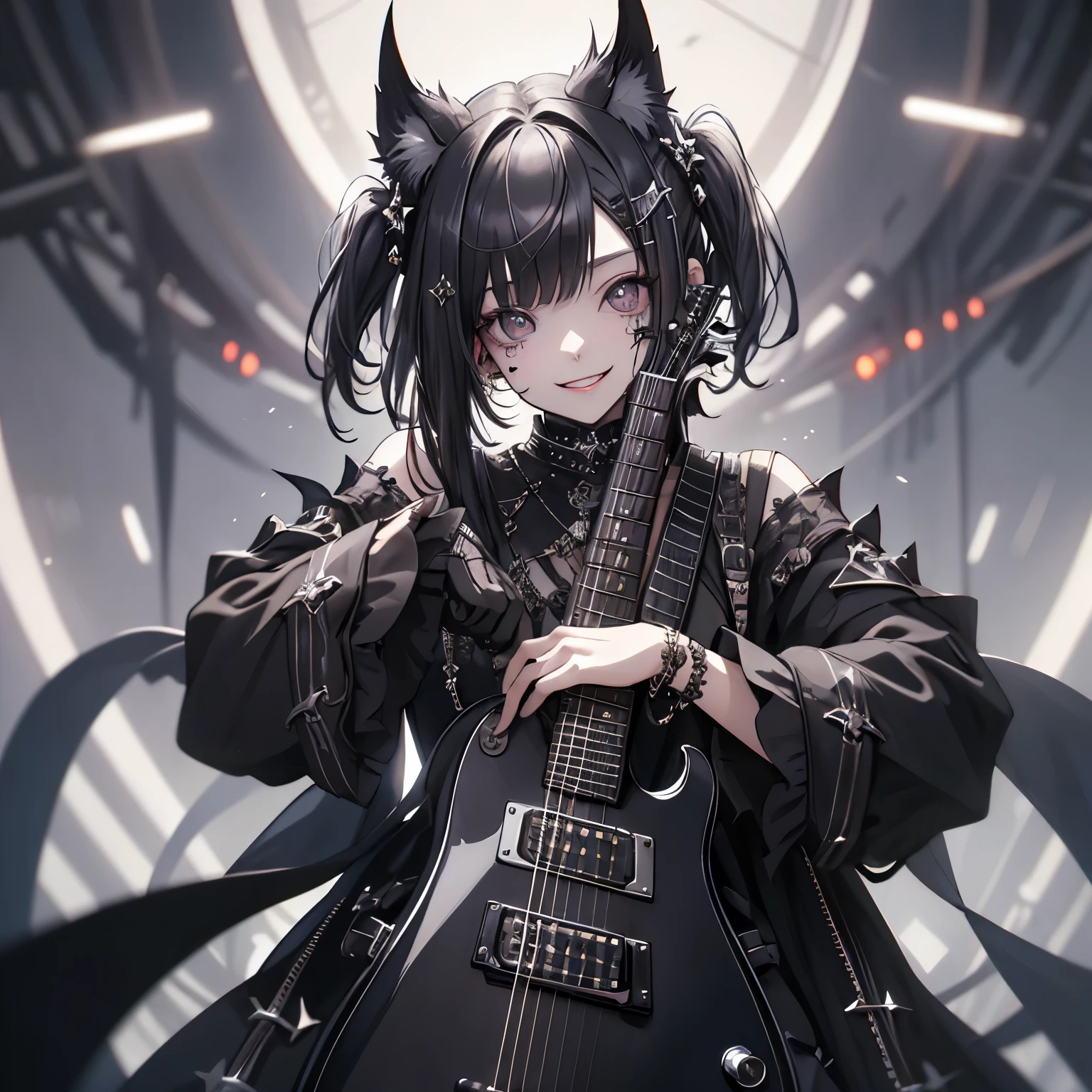 (masterpiece), highest quality, Ultra-high resolution,Gothic、Silver Hair、Black Hair、Dark brown hair tips、Big smile、Bat、(Playing a dark brown guitar:1.3)、smile、cool、band、live、Visual Kei、Sick Makeup