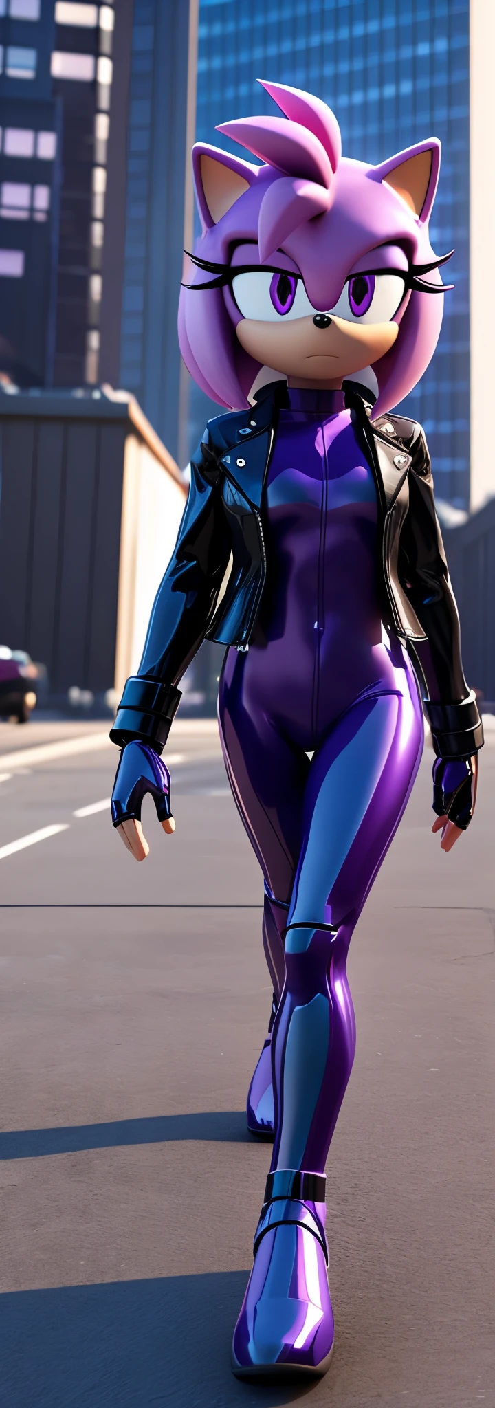 Solo, 1girl, full body image, rendered in SFM, ((sonic oc:1)), from sonic, high detail iconic character, in the new action-movie sonic, ghost in the shell city, official render, 3d render official art, toon shader, ((female)), (((purple hedgehog:1))), Amy rose style quills, metallic purple eyeliner, ((purple eyes:1.5)), ((calm neutral expression)), ray trace 4 k, ray trace 4k, (((metallic purple latex bodysuit))), (((leather jacket))), ((fingerless gloves:0.9))