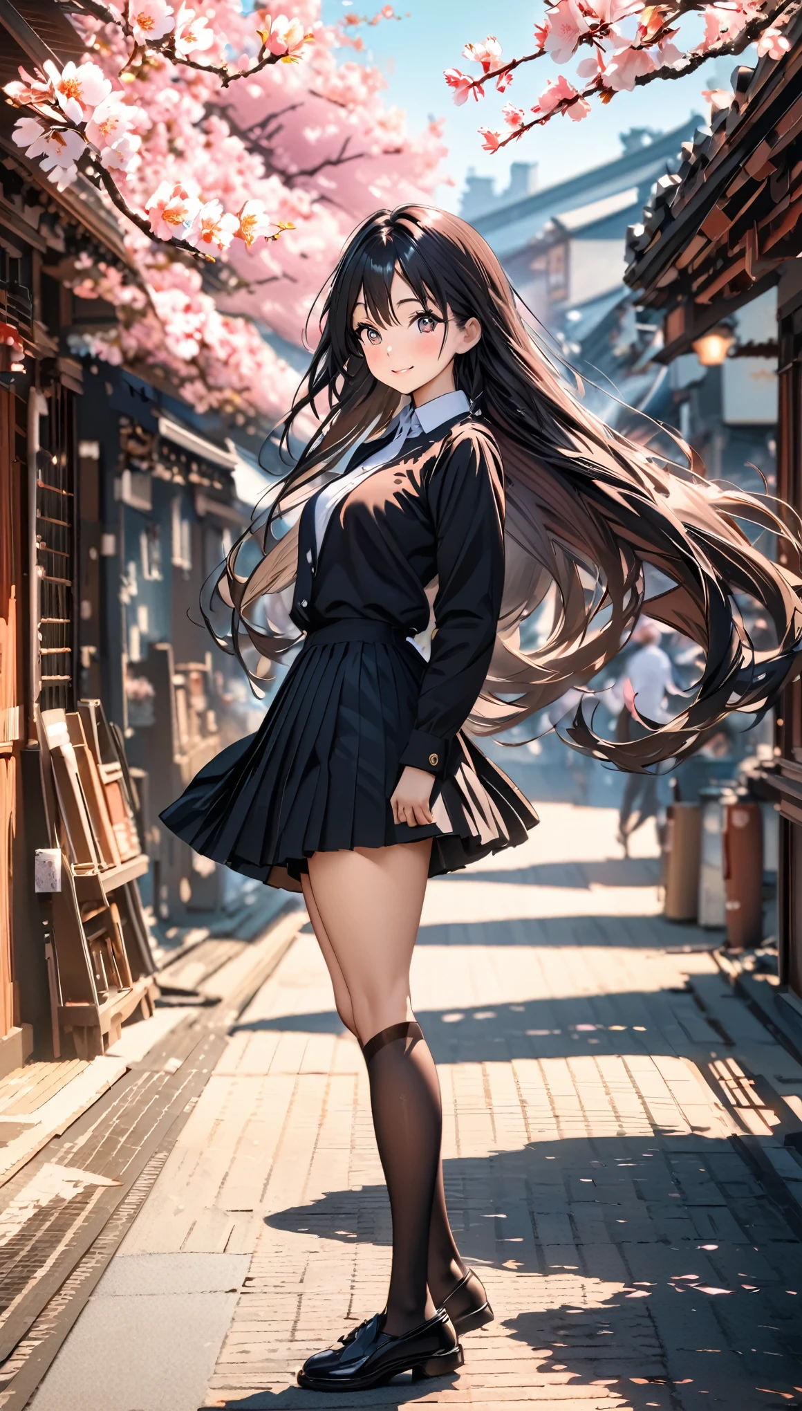((best quality)), ((masterpiece)), (detailed), (High contrast natural side daylight, Dynamic lighting, movie lighting), side view, look back, Anime style, Cute Japanese girl, looking at the audience, Smooth and fair skin, Exaggerated super long hair, Black straight hair wavy headl, Long hair blows with the wind, ((Super fine hair quality)),  Looks cute, long upper eyelashes, thin eyebrows, big eyes, Amber pupils, Ultra-detailed eyes, Slightly blush, Smile, Exquisite rimless glasses, Detailed face, detailed face, Small nose, Small lips, rest, 
((symmetrical clothes, Uniforms, white collar button down shirt, Black pleated student skirt, dark stockings, Dark student shoes)), Perfect clothing texture, perfect body structure, attractive body shape, Long and sexy legs, Perfect foot quality, Perfect hand quality, beautiful limbs, Beautiful fingers, rest,
 (Beautiful Wind scenery), (Micro Wind Outdoor), Quiet Japanese city broad streets, Spring morning, (Wind), (Cherry blossoms), ((Perfect composition)), highlight the subject, (Detailed background:1.5), RAW photo, CG Unity, photography, Surreal details, Be focused, (Deformed depth of field blurred background), [[color saturation]], (Japanese style photos:0.3),