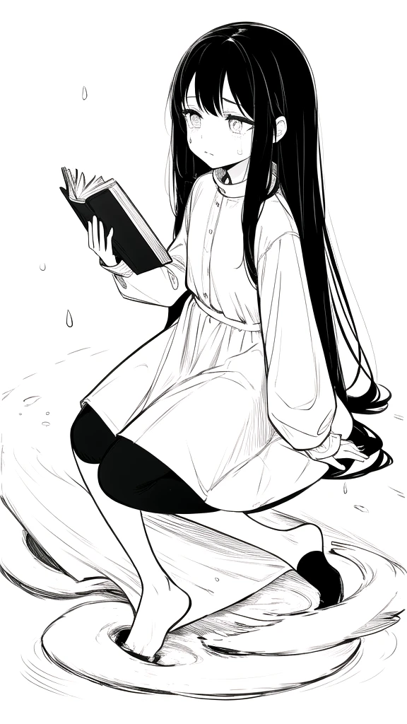 best quality, chibi, 1 girl,Long black hair,(full body), Pure white background,Vivid,clearly,sad face,rain,snow,Are crying,shout,I have a letter,holding a book in hand,sitting in water