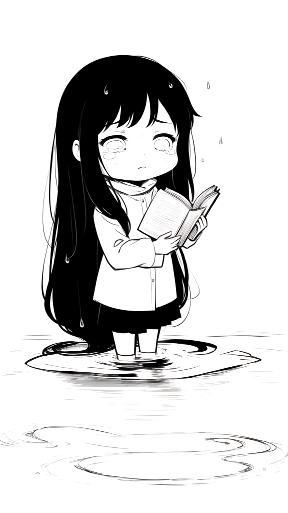 best quality, chibi, 1 girl,Long black hair,(full body), Pure white background,Vivid,clearly,sad face,rain,snow,Are crying,shout,I have a letter,holding a book in hand,sitting in water
