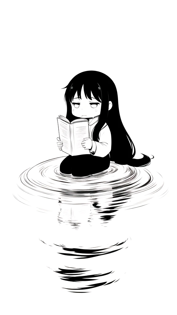best quality, chibi, 1 girl,Long black hair,(full body), Pure white background,Vivid,clearly,sad face,rain,snow,Are crying,shout,I have a letter,holding a book in hand,sitting in water