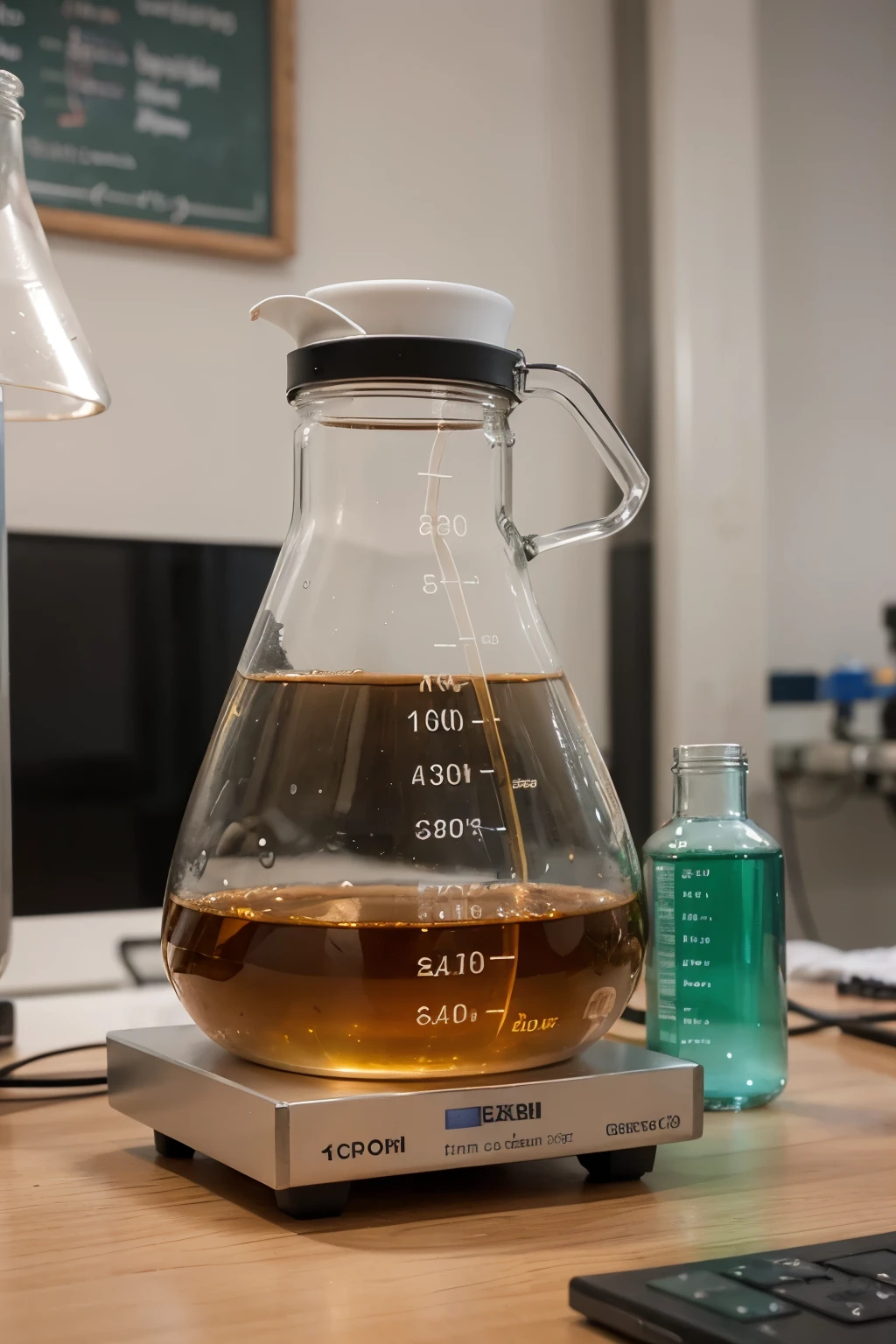 "Create an Instagram profile picture for a chemical engineering student. The design should include elements like chemical structures, lab equipment (such as beakers, test tubes, and flasks), and engineering symbols (like gears or molecules). The background should be a mix of blue and green tones to represent innovation and sustainability. The overall style should be modern, clean, and professional, reflecting a passion for chemistry and engineering."