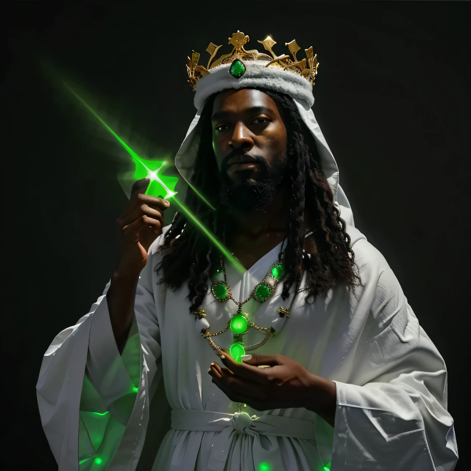 dark skinned man with a very long beard dressed in white robe holding a green light, with big bold wide eyes, wearing a crown, black jesus, wearing only a white robe, dressed as an oracle, dressed in a green aura, he is casting a lighting spell, kemetic, king of kings, with a green glow, wizard pondering his orb, wearing a all white cloak, big abnormal eyes, giant eyeS