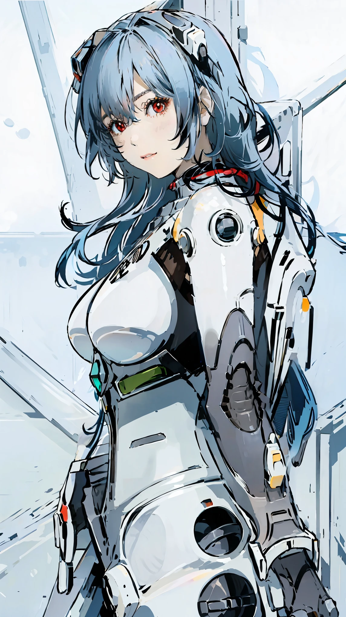 A giant humanoid weapon stands behind him.、Upper Body、Light blue hair、Shortcuts、White pilot suit、Large Breasts、Red eyes、Glare、