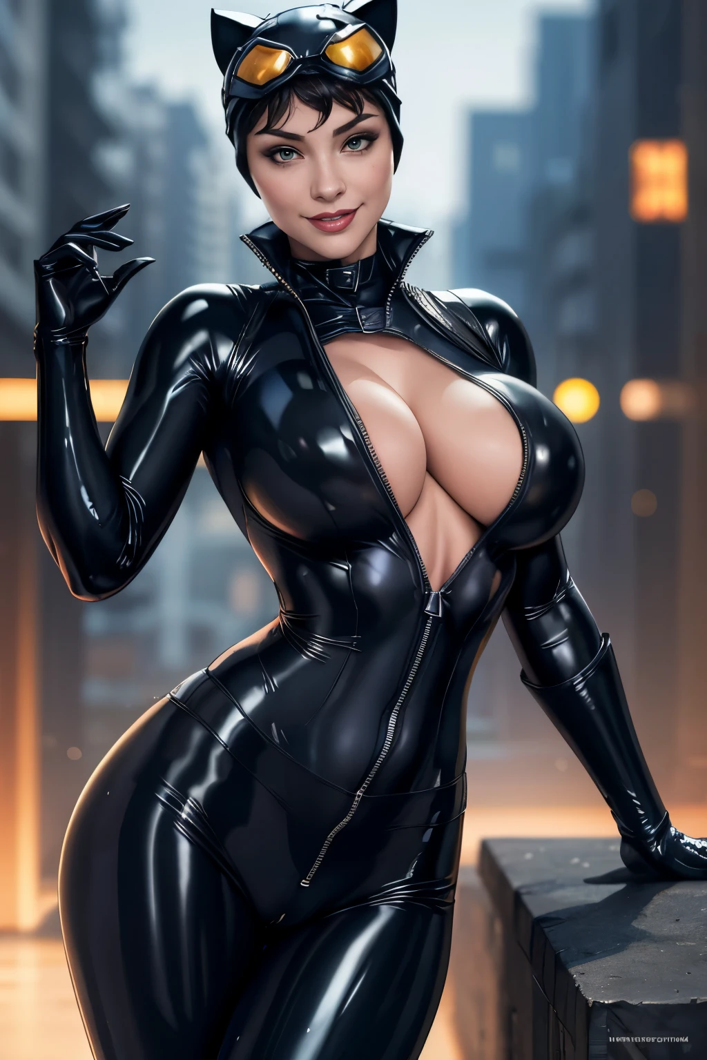 (masterpiece, best quality:1.2),  catwoman, 1girl, solo, breasts, looking at viewer, smile,  (cat ears, goggles, goggles on head), huge breasts, navel, open clothes, black bodysuit, night, center opening, unzipped, open bodysuit, green eyes, blurry background, exposed breasts, breast focus, perfect hands, perfect fingers, skimpy outfit