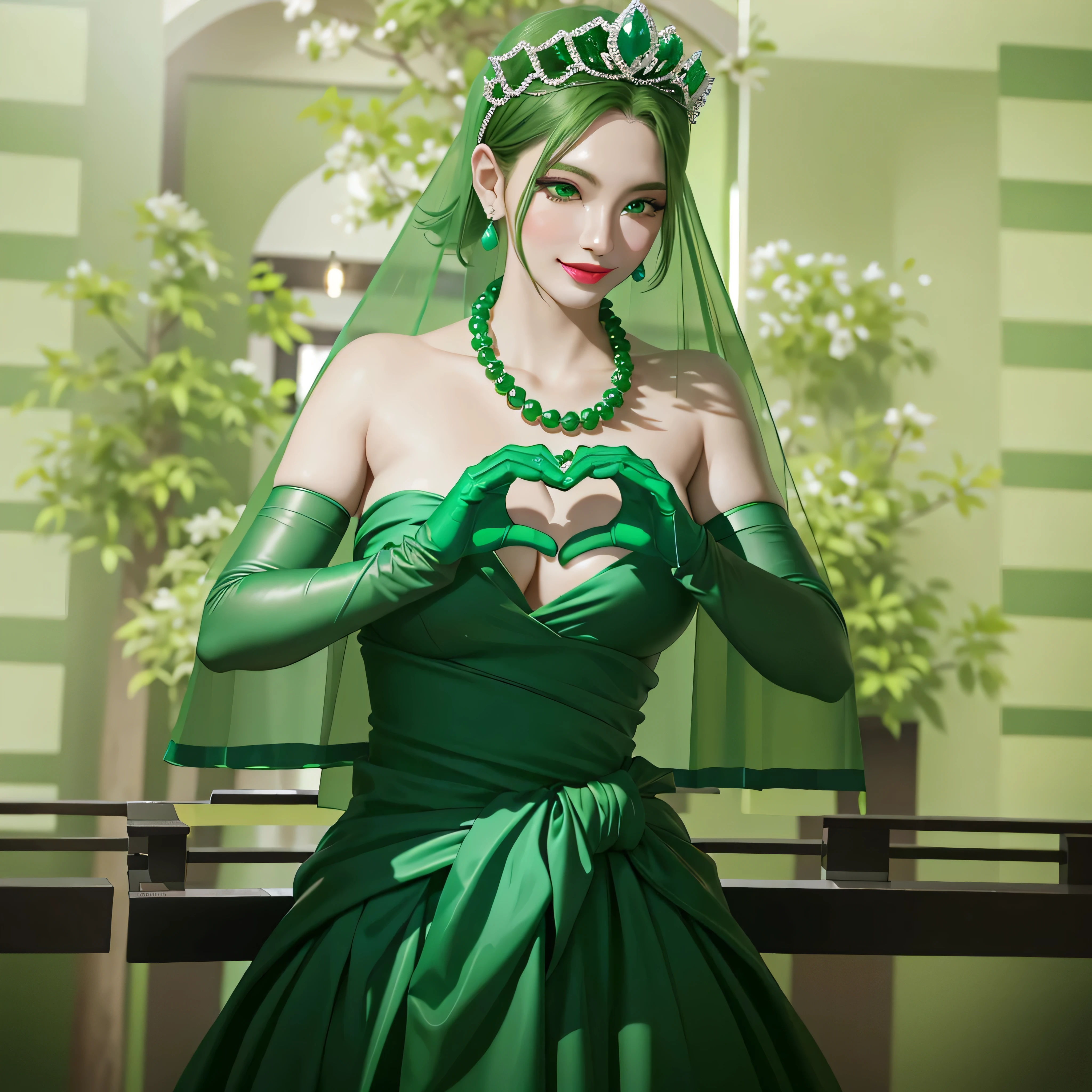 Emerald tiara, Green Pearl Necklace, Boyish very short green hair, Green Lips, Smiling Japanese woman, Very short hair, Busty beautiful lady, Green Eyes, Green satin long gloves, Green Eyes, Emerald Earrings, Green veil, Heart with both hands, Green Hair, Beautiful Japanese Women, Heart shaped hands:1.3, green lip gloss