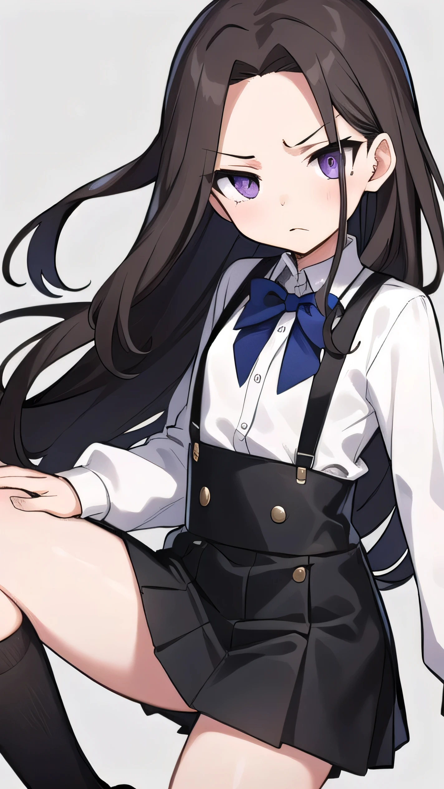Brown hair, long hair, purple eyes,middle part，  wide forehead, white shirt, long sleeves, black corset, black miniskirt, black knee socks, middle school student, flat chest , short, narrow eyes, hanging eyes, forehead, straight hair, suspenders, anger