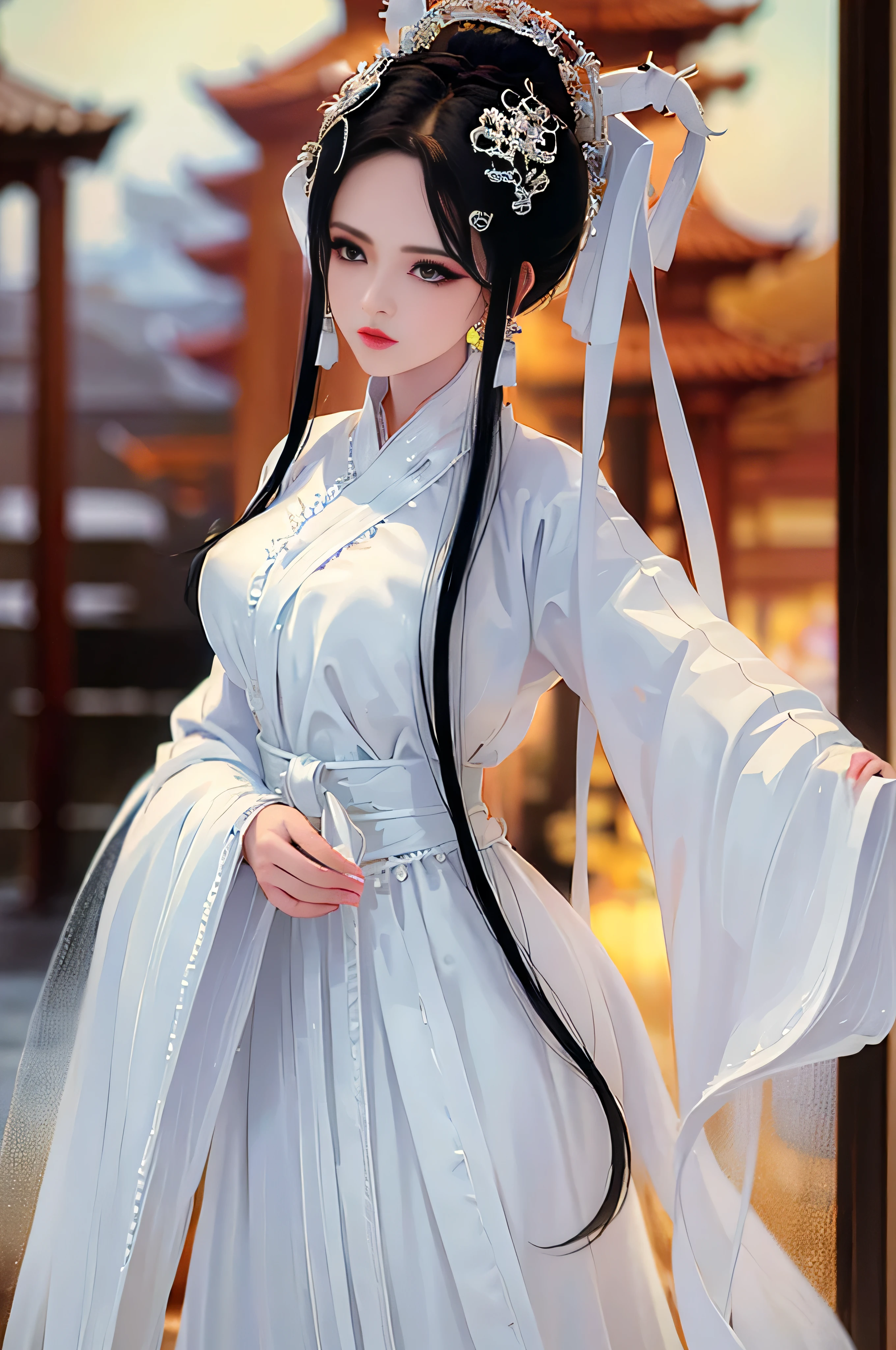 (skindentation:1.5), Realistic, Photorealistic, (masterpiece:1.5), concept art, intricate details, highly detailed, photorealistic, octane render, 8k, unreal engine, dynamic pose, best quality, highres, (realistic face:1.1), (hyperrealistic:1.1), (((full body))), perfect eyes,(shiny skin:1.2), perfect hand, extremely detailed background, ((devilish eyes)), ((1girl)), ((detailed eyes, high quality eyes, high quality face)), long black hair, messy ponytail, dramatic, depth of field, bokeh, 4k, beautiful bride, ((White chiffon Chinese style fairy dress)), chinese garden background, looking into the distance, dancing