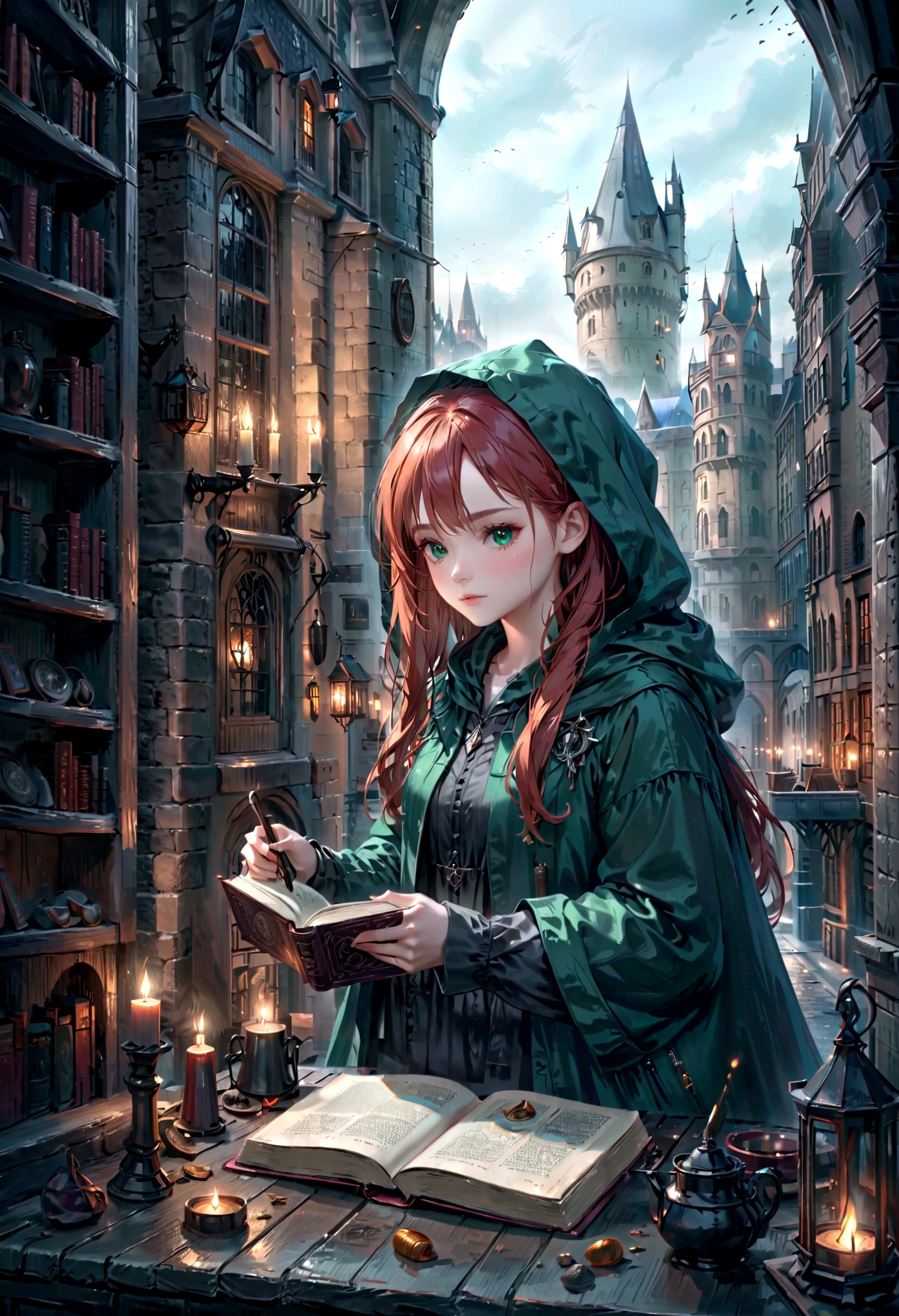 wizard in a dark gothic castle, raincoat with hood, black magic, book of spells, kettle, Potions Making, moody lighting, Harry Potter, Lily Evans, beautiful detailed emerald green eyes, Long red hair,beautiful detailed lips,, beautiful detailed lips, extremely detailed eyes and face, very detailed, 8K, Photorealistic, masterpiece, dark fantasy, dramatic lighting, gloomy atmosphere, Hyperrealistic