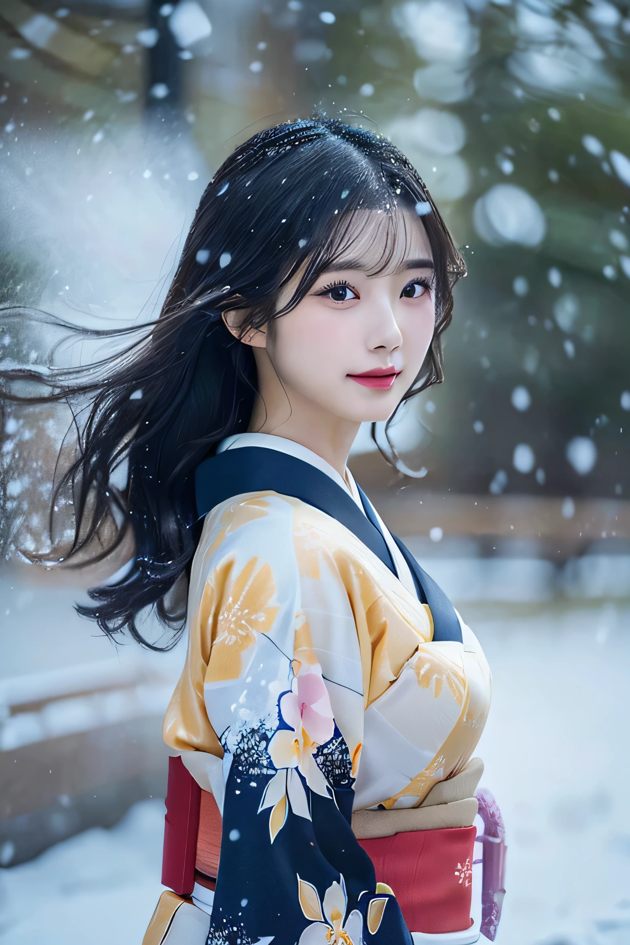 (Kawaii Kimono:1.3)、、(top-quality,masterpiece:1.3,超A high resolution,),(ultra-detailliert,Caustics),(Photorealsitic:1.4,RAW shooting,)Ultra-realistic capture,A highly detailed,high-definition16Kfor human skin、 Skin texture is natural、、The skin looks healthy with an even tone、 Use natural light and color,One Woman,japanes,,kawaii,A dark-haired,Middle hair,(depth of fields、chromatic abberation、、Wide range of lighting、Natural Shading、)、、(Falling snow:1.3)、(Hair swaying in the wind:1.3)、(Snow reflects light:1.3) 、(Large Breasts:1.3)、
