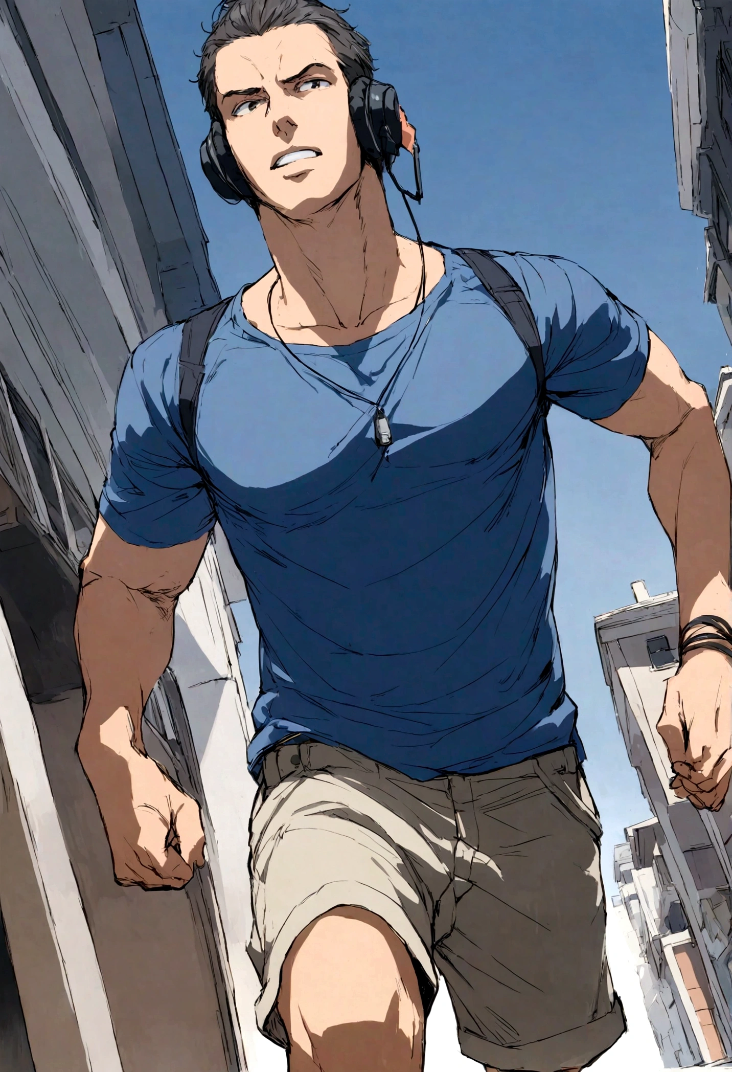 Arabian man wearing blue shirt and shorts talking on mobile phone, Running at full speed,Short sleeve, Summer Shirts, Young man in shorts, Dark blue shirt, navy shirt, Mid Shot Portrait, Tawan Duchanee&#39;s Style, Official product images, Modern casual wear, Also, Davey Adesida style, lower angle, Ben-Day Dot, Moderate