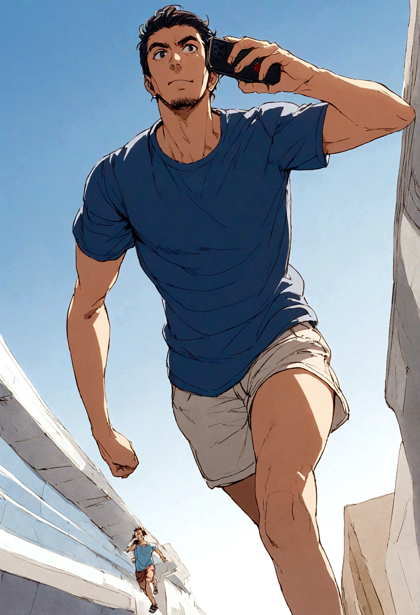 Arabian man wearing blue shirt and shorts talking on mobile phone, Running at full speed,Short sleeve, Summer Shirts, Young man in shorts, Dark blue shirt, navy shirt, Mid Shot Portrait, Tawan Duchanee&#39;s Style, Official product images, Modern casual wear, Also, Davey Adesida style, lower angle, Ben-Day Dot, Moderate